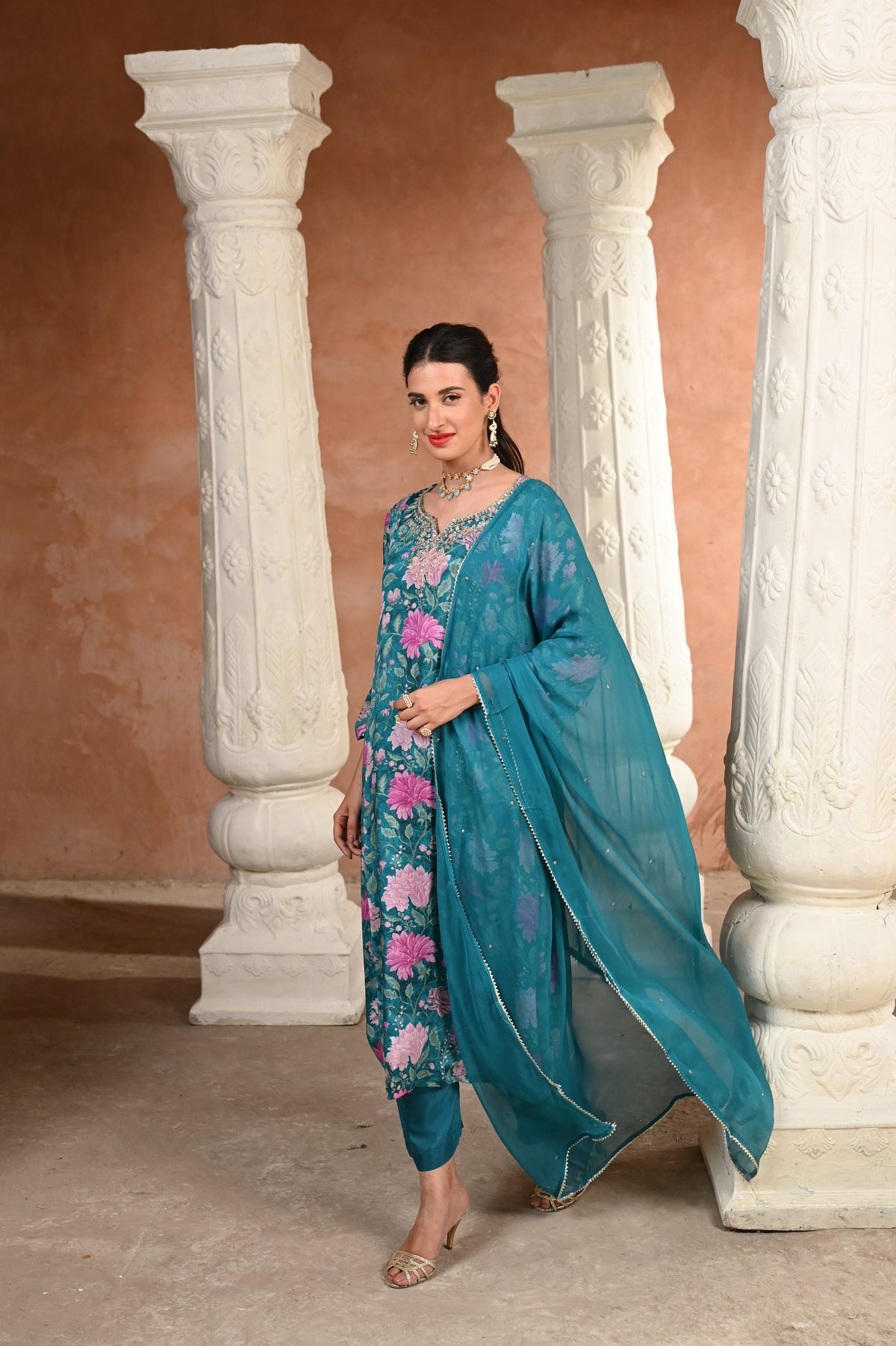 Tanvi Thakker in Mehtab Floral Rama Green with Gota work Suit Set