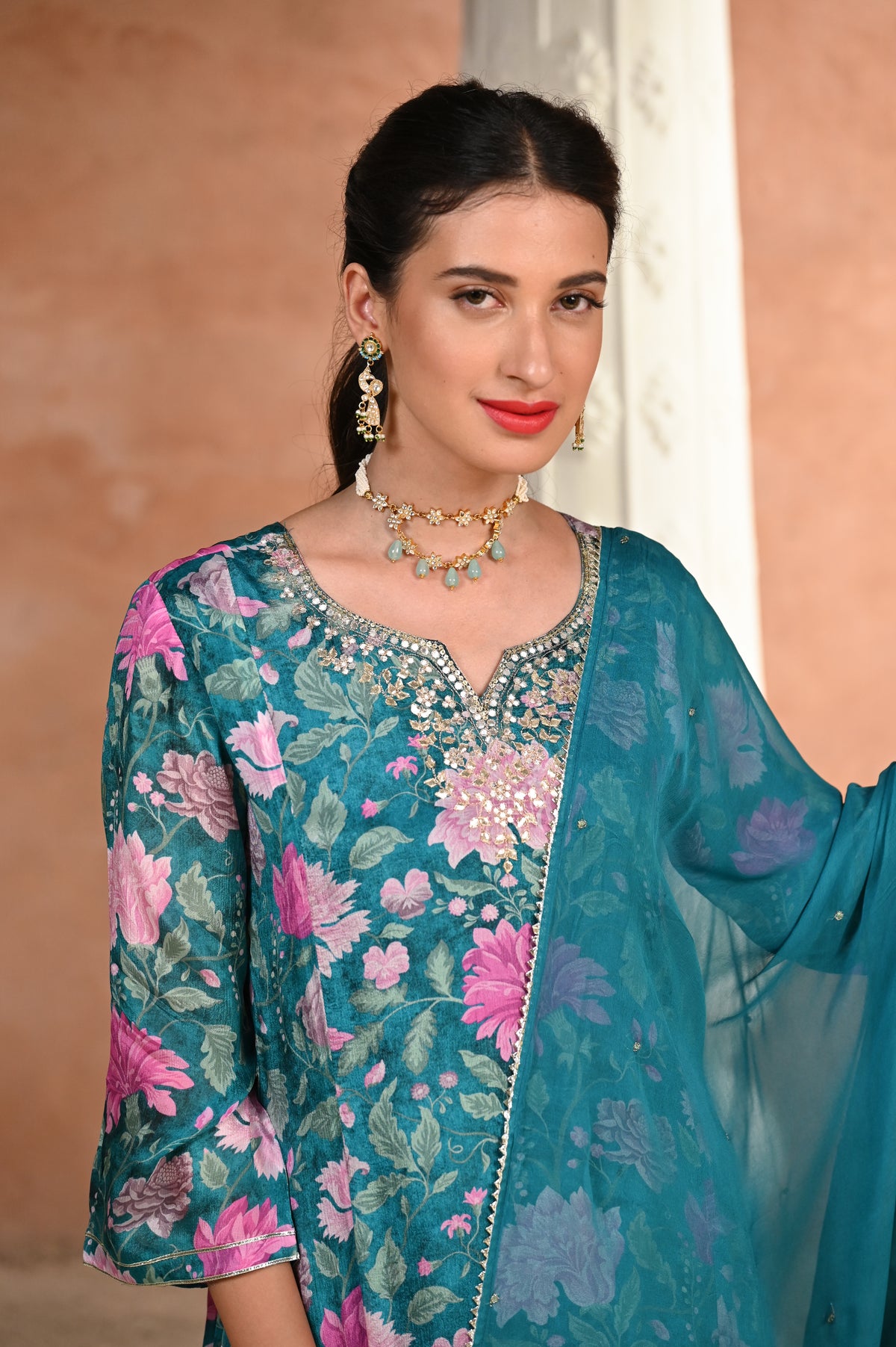 Tanvi Thakker in Mehtab Floral Rama Green with Gota work Suit Set