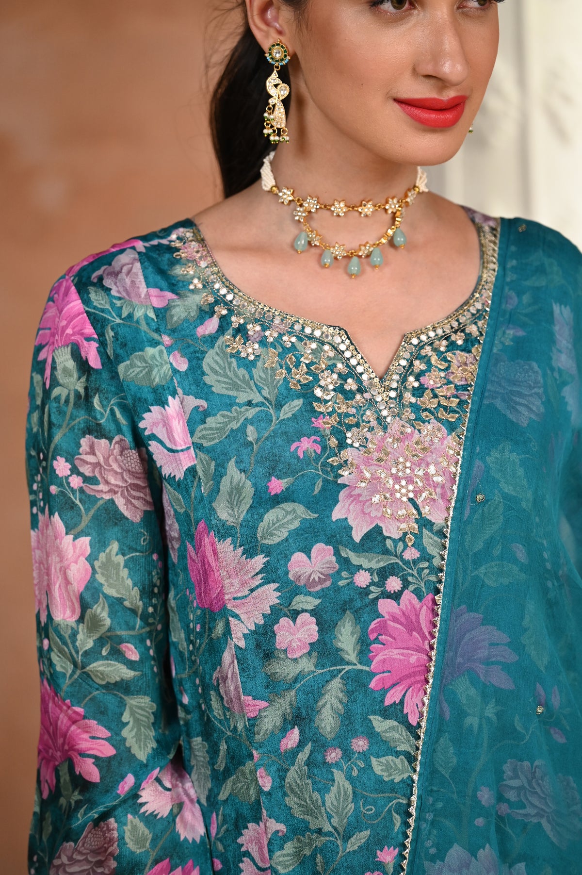 Tanvi Thakker in Mehtab Floral Rama Green with Gota work Suit Set