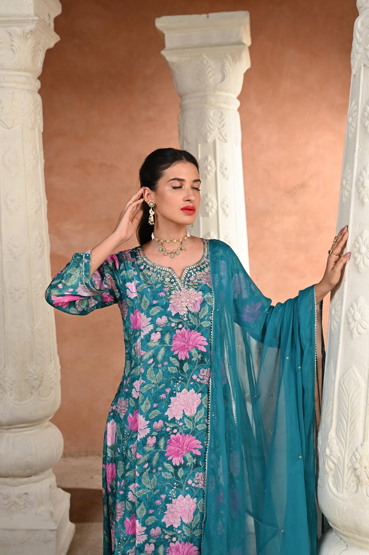 Tanvi Thakker in Mehtab Floral Rama Green with Gota work Suit Set