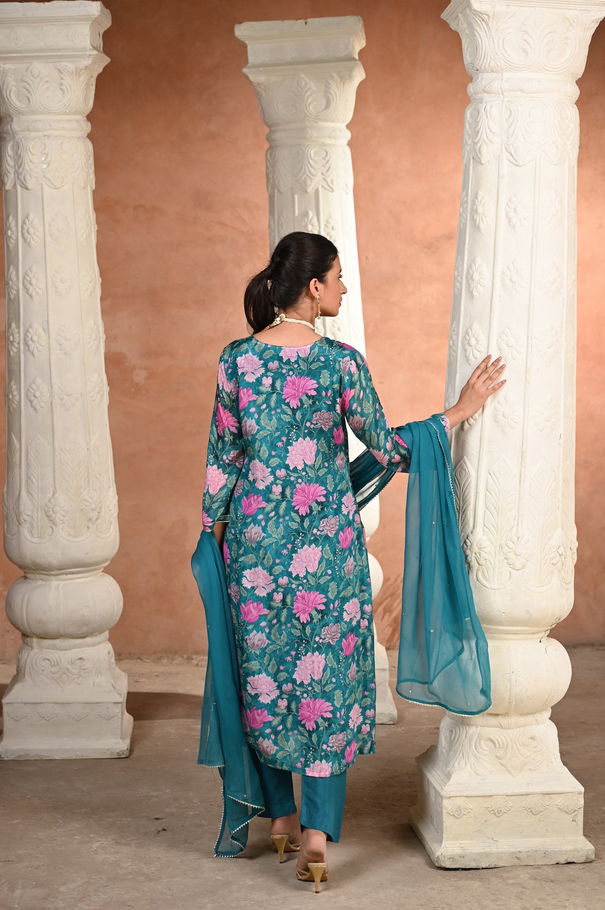 Tanvi Thakker in Mehtab Floral Rama Green with Gota work Suit Set