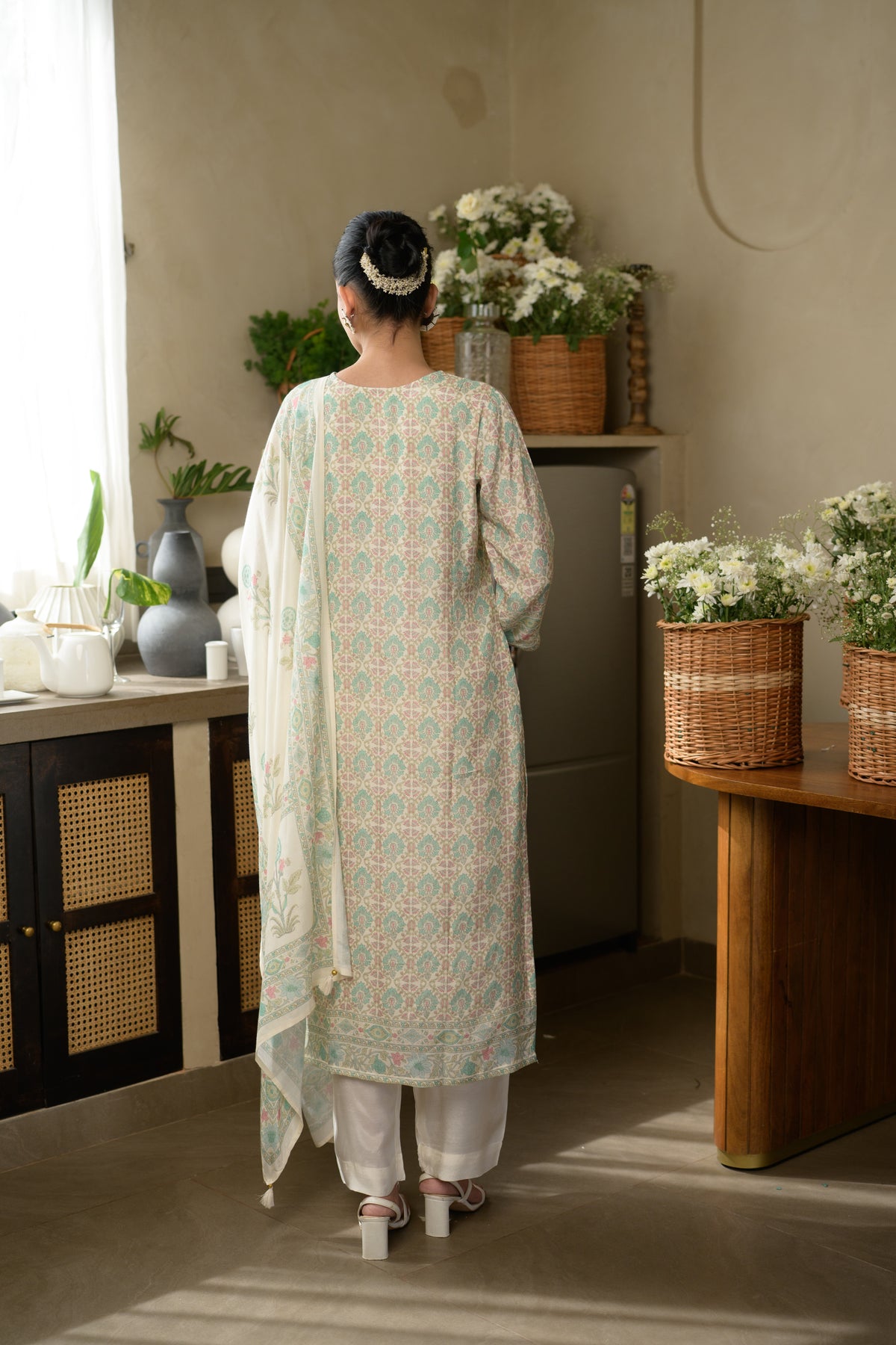 Sea Green Buti Block Print with Gota Work Muslin Suit Set