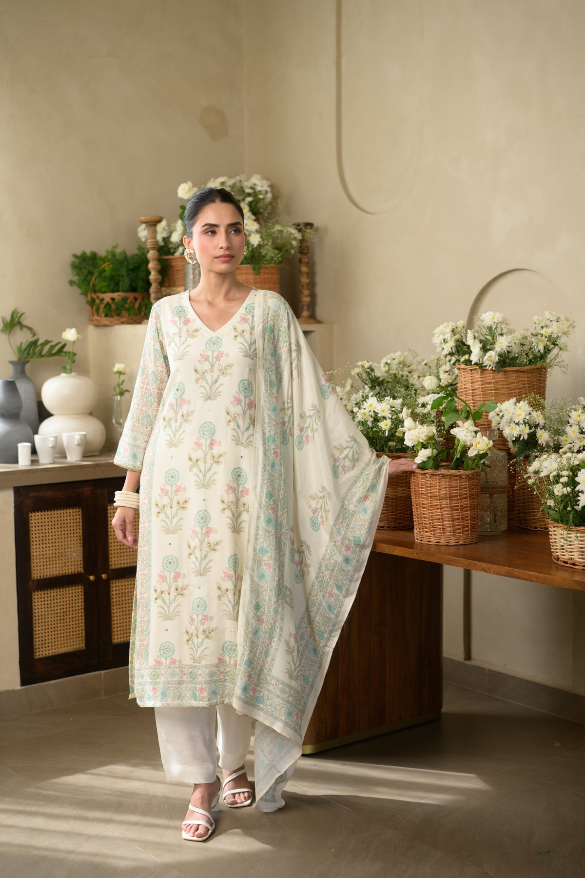 Sea Green Buti Block Print with Gota Work Muslin Suit Set