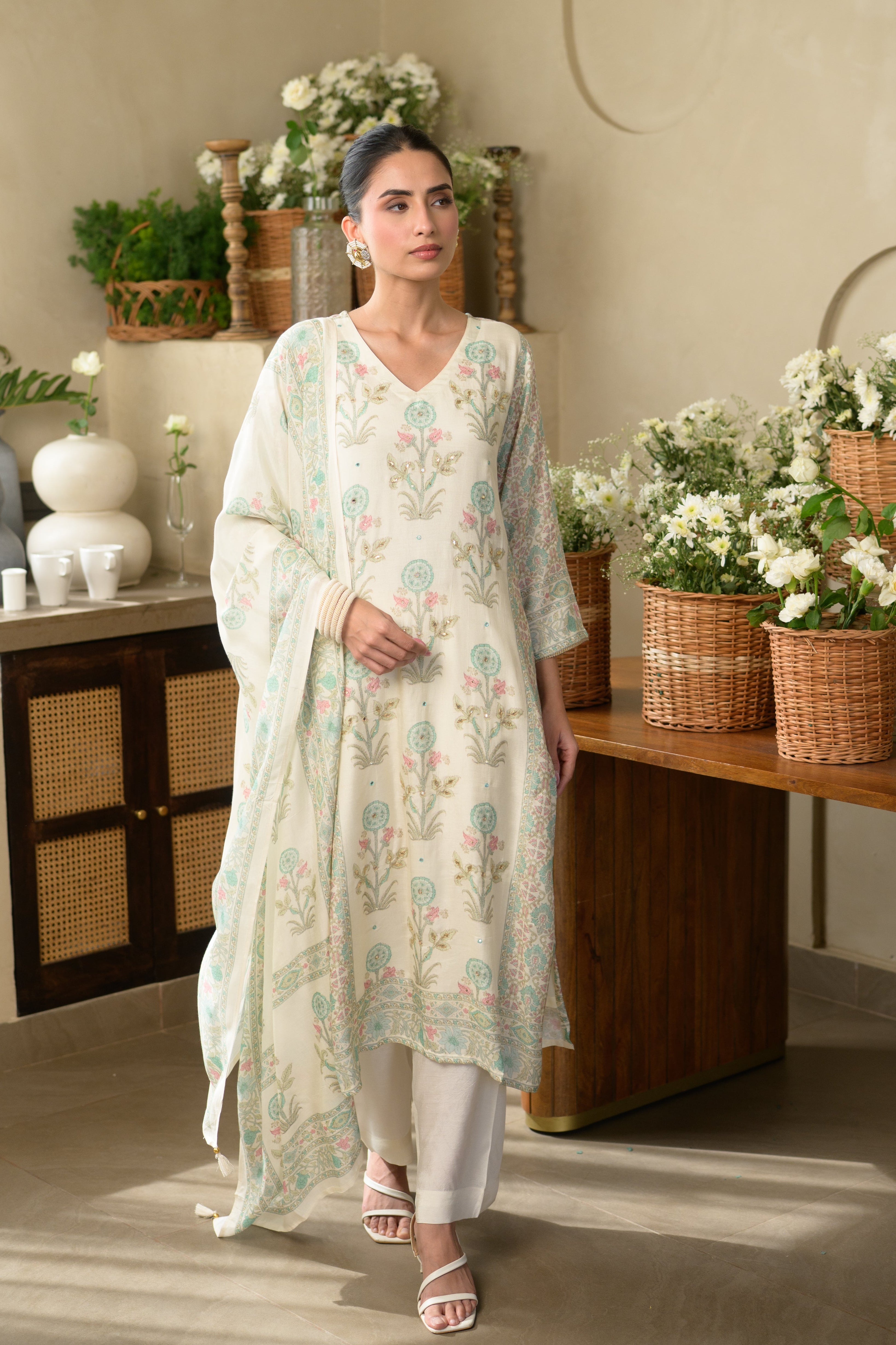 Sea Green Buti Block Print with Gota Work Muslin Suit Set
