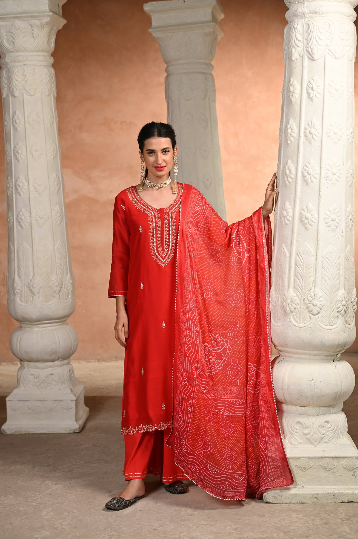 Red Shagun Pure Chanderi Pallazo set with Bandhani Dupatta