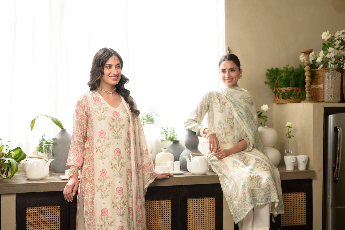 Sea Green Buti Block Print with Gota Work Muslin Suit Set