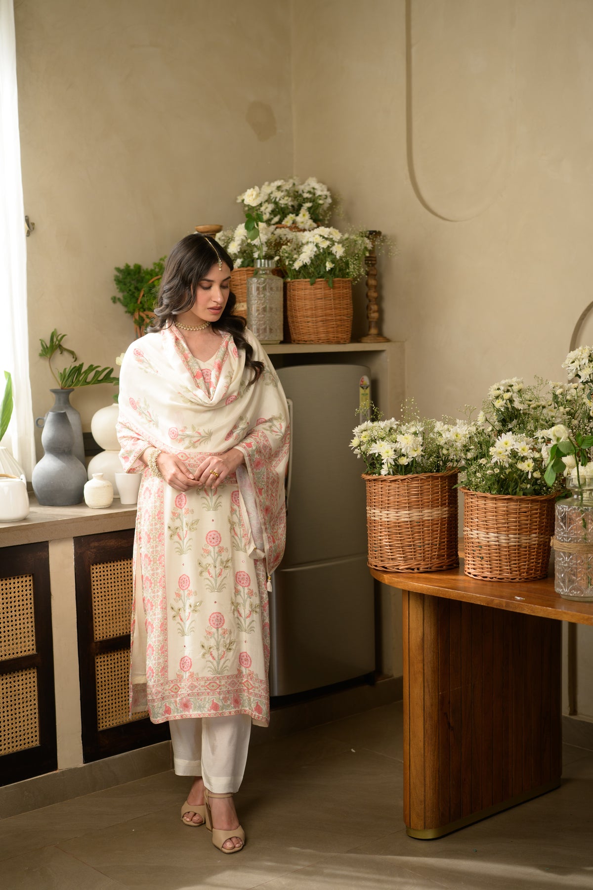 Pink Mughal Buti Block Print with Gota Work Muslin Suit Set