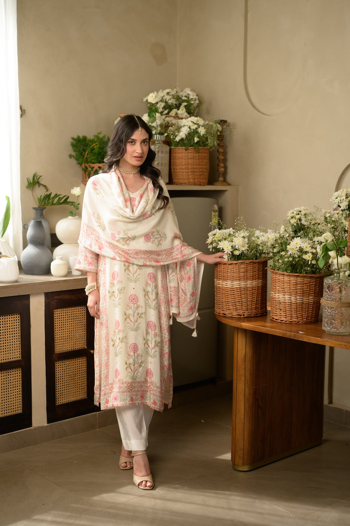 Pink Mughal Buti Block Print with Gota Work Muslin Suit Set