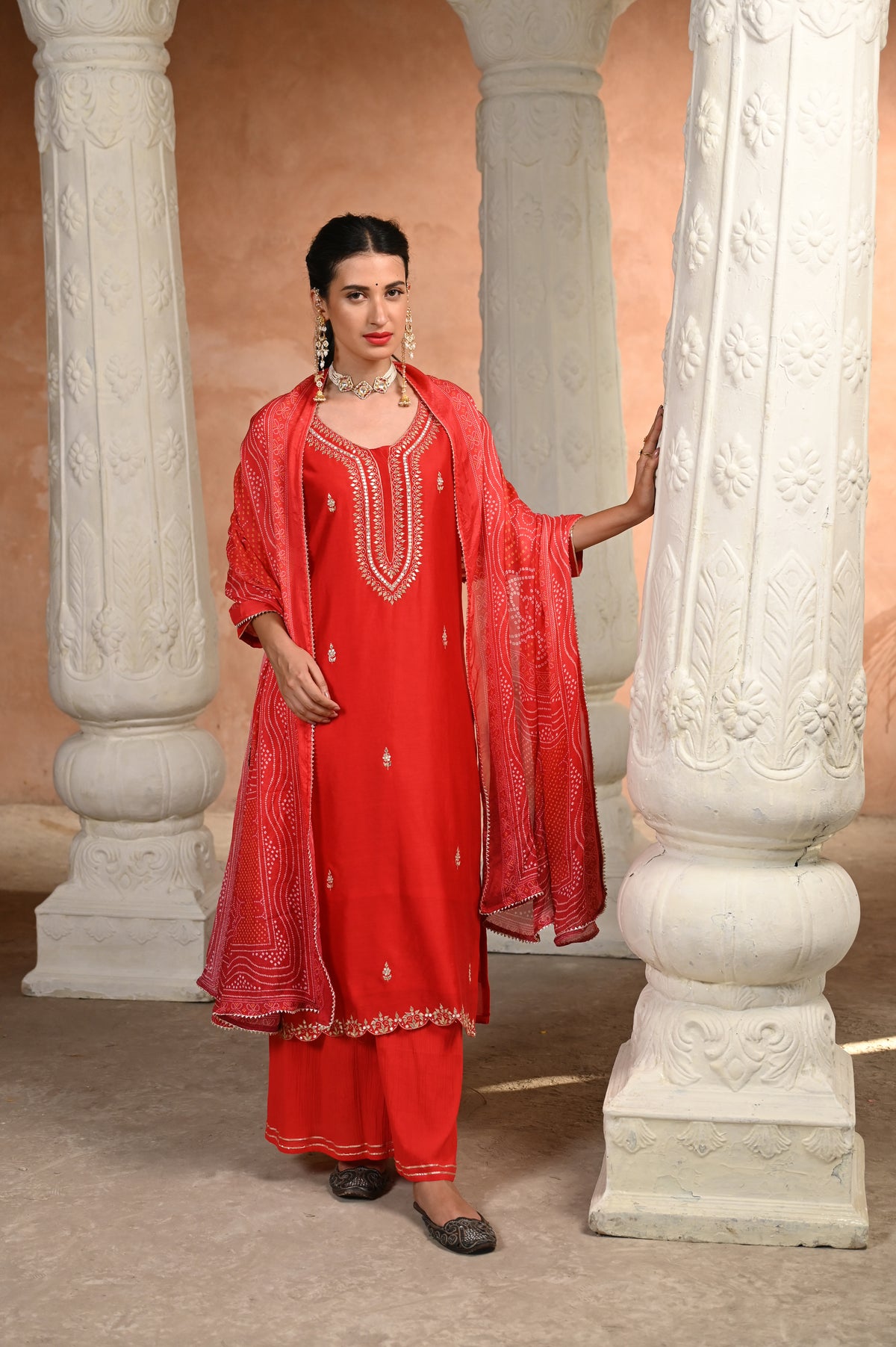 Red Shagun Pure Chanderi Pallazo set with Bandhani Dupatta