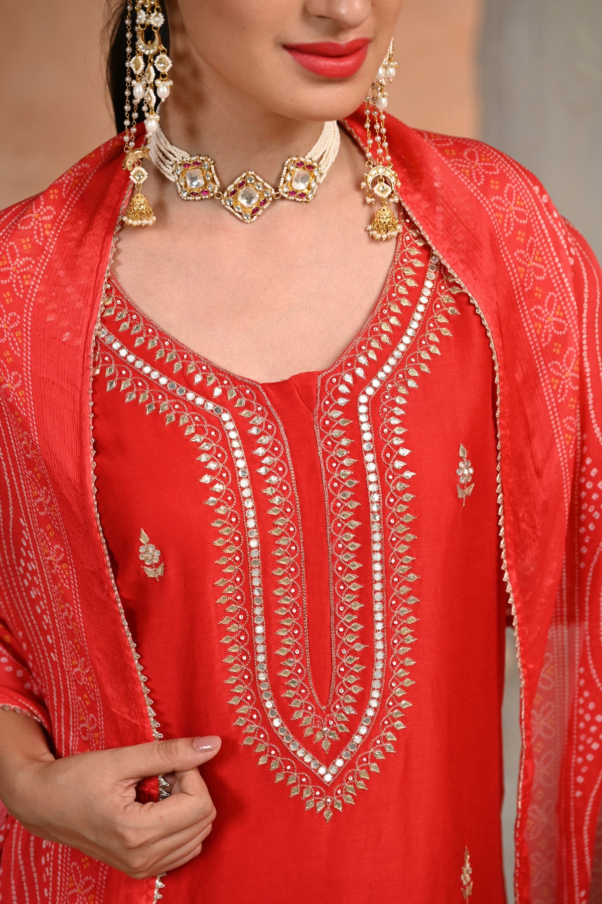 Red Shagun Pure Chanderi Pallazo set with Bandhani Dupatta
