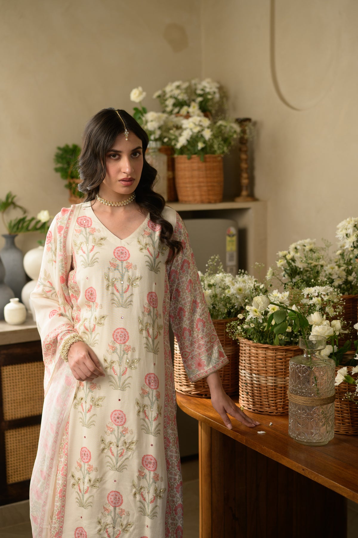 Pink Mughal Buti Block Print with Gota Work Muslin Suit Set