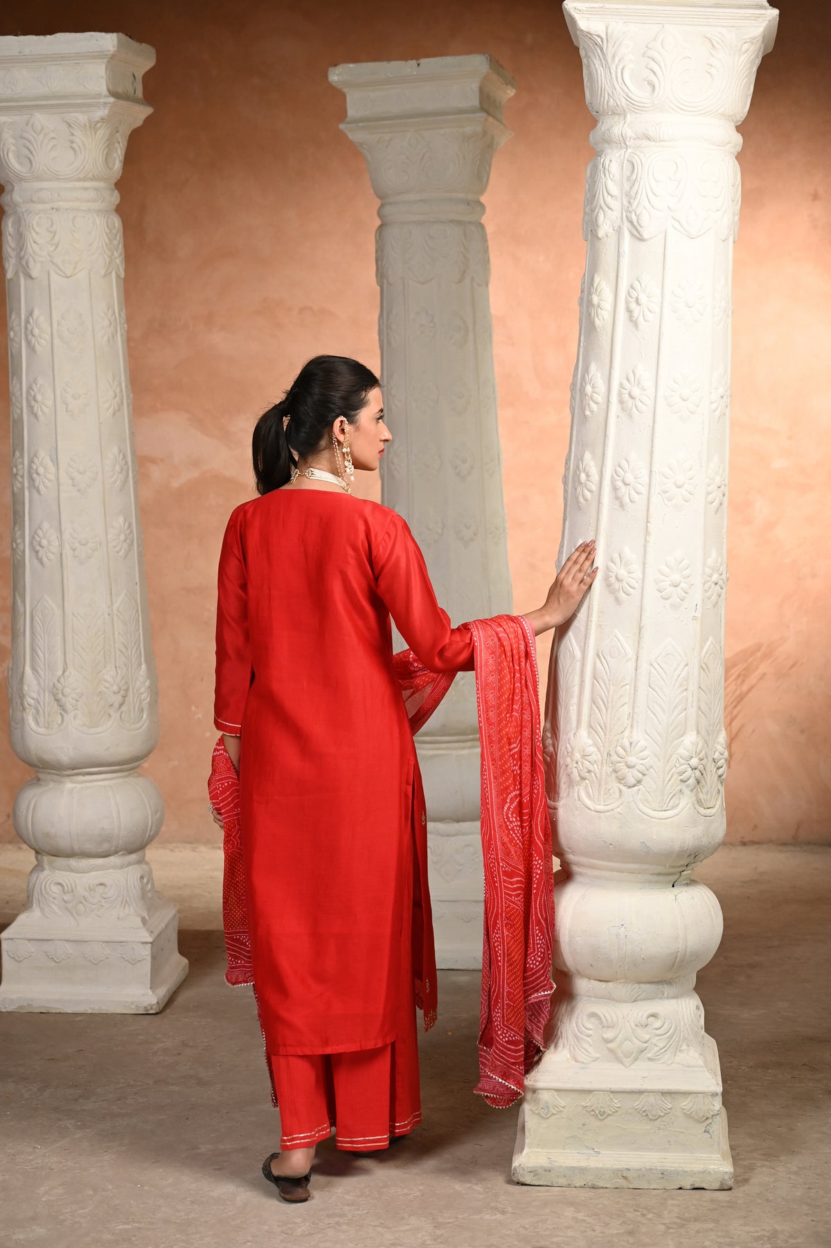 Red Shagun Pure Chanderi Pallazo set with Bandhani Dupatta