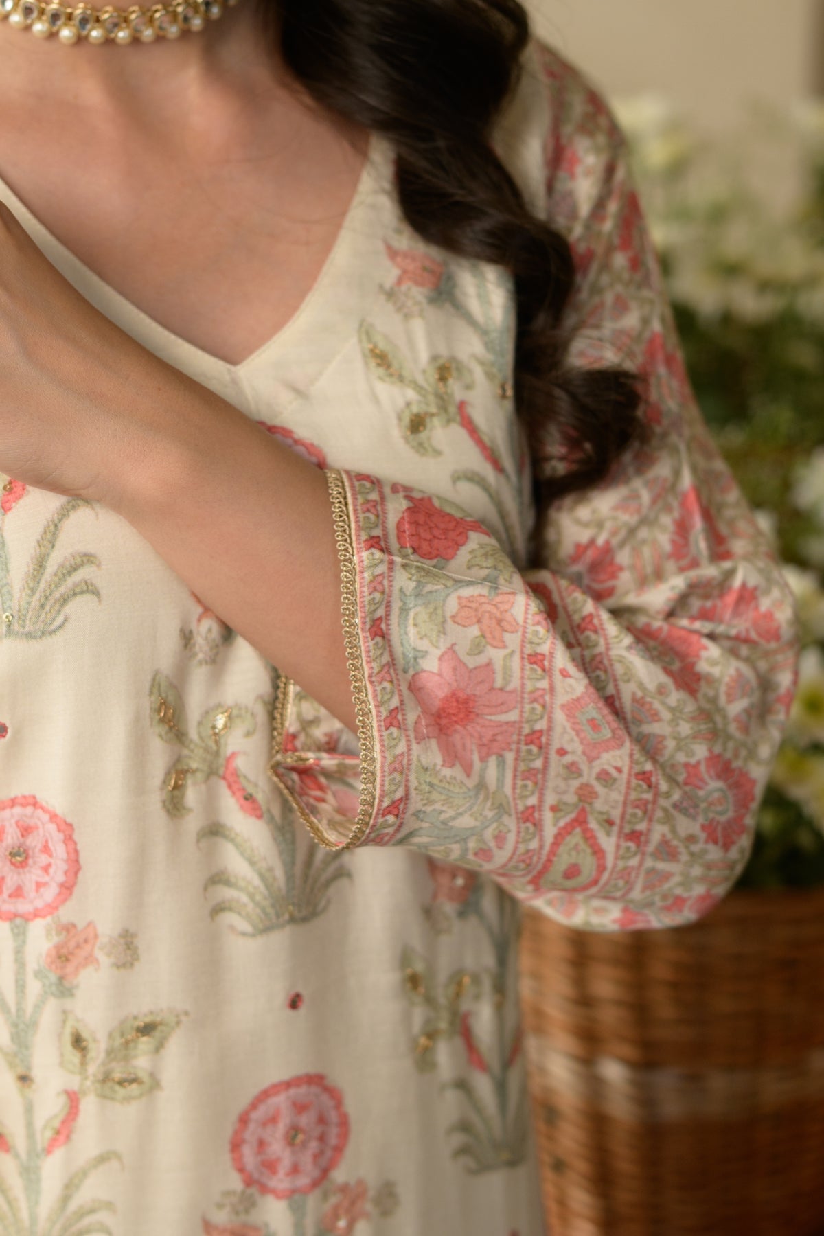 Pink Mughal Buti Block Print with Gota Work Muslin Suit Set