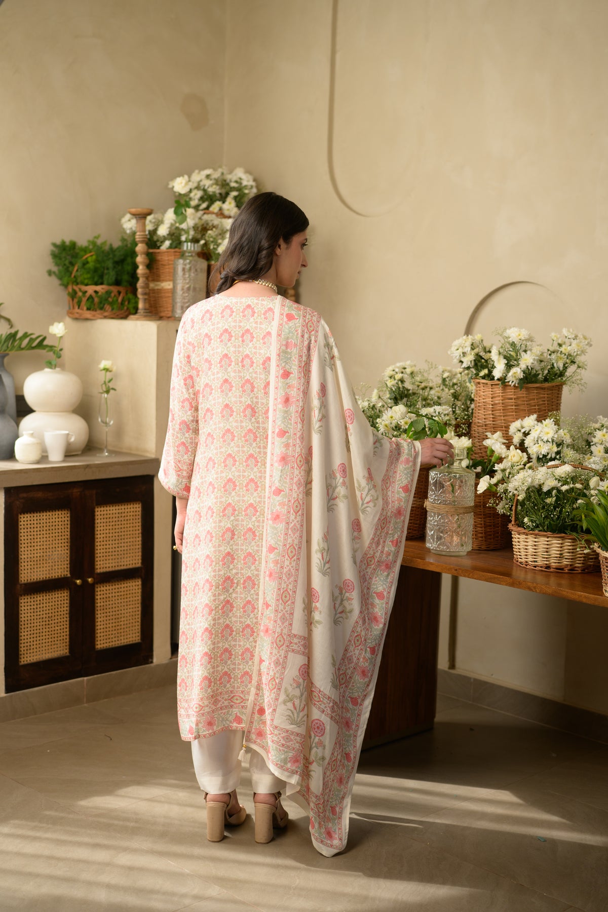 Pink Mughal Buti Block Print with Gota Work Muslin Suit Set