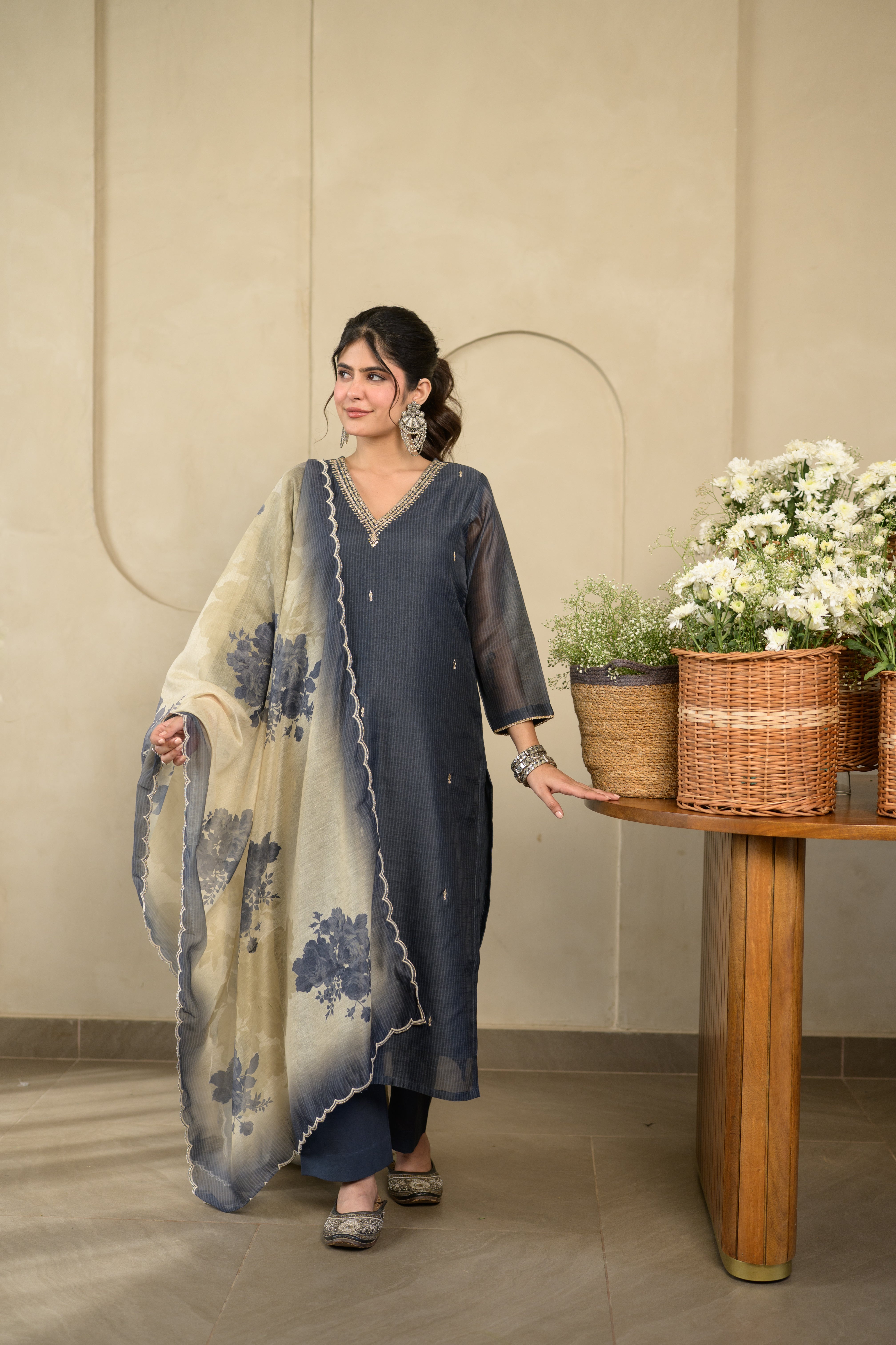 Charcoal black V neck Gota Work Chanderi Suit Set