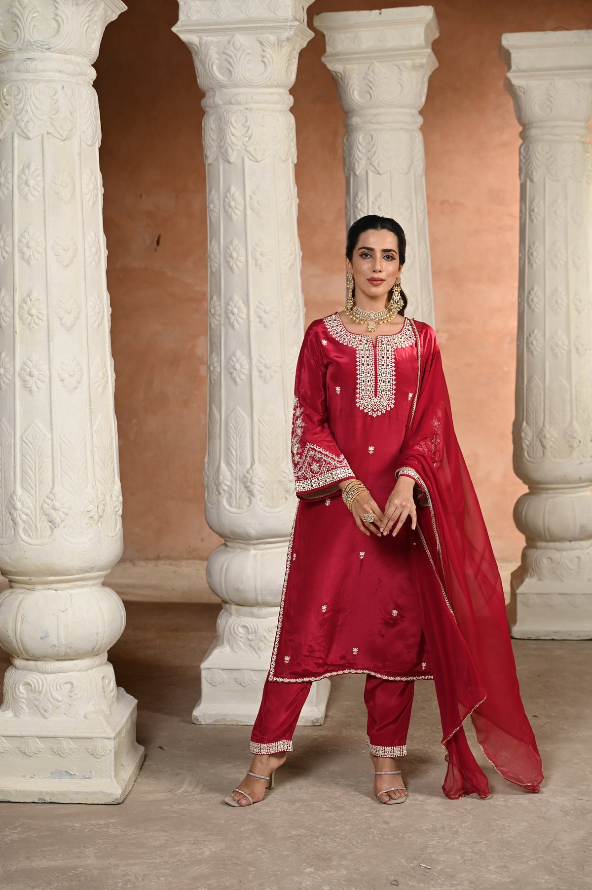 Maroon Qurbat White Embroidered Crepe Suit Set