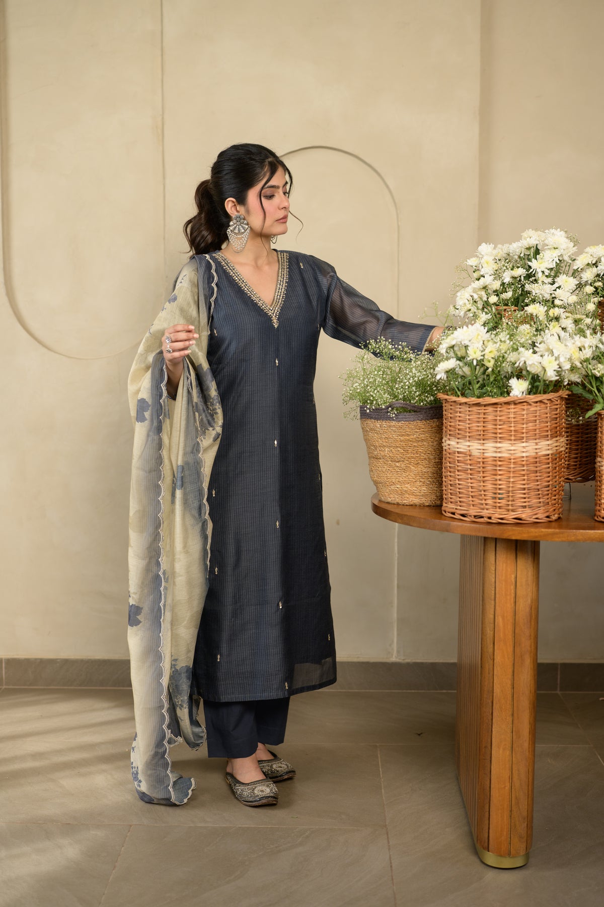 Charcoal black V neck Gota Work Chanderi Suit Set