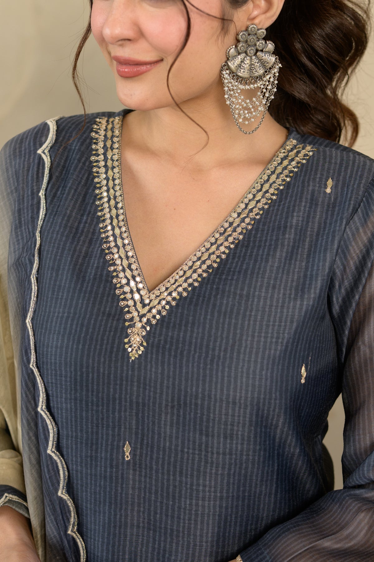 Charcoal black V neck Gota Work Chanderi Suit Set