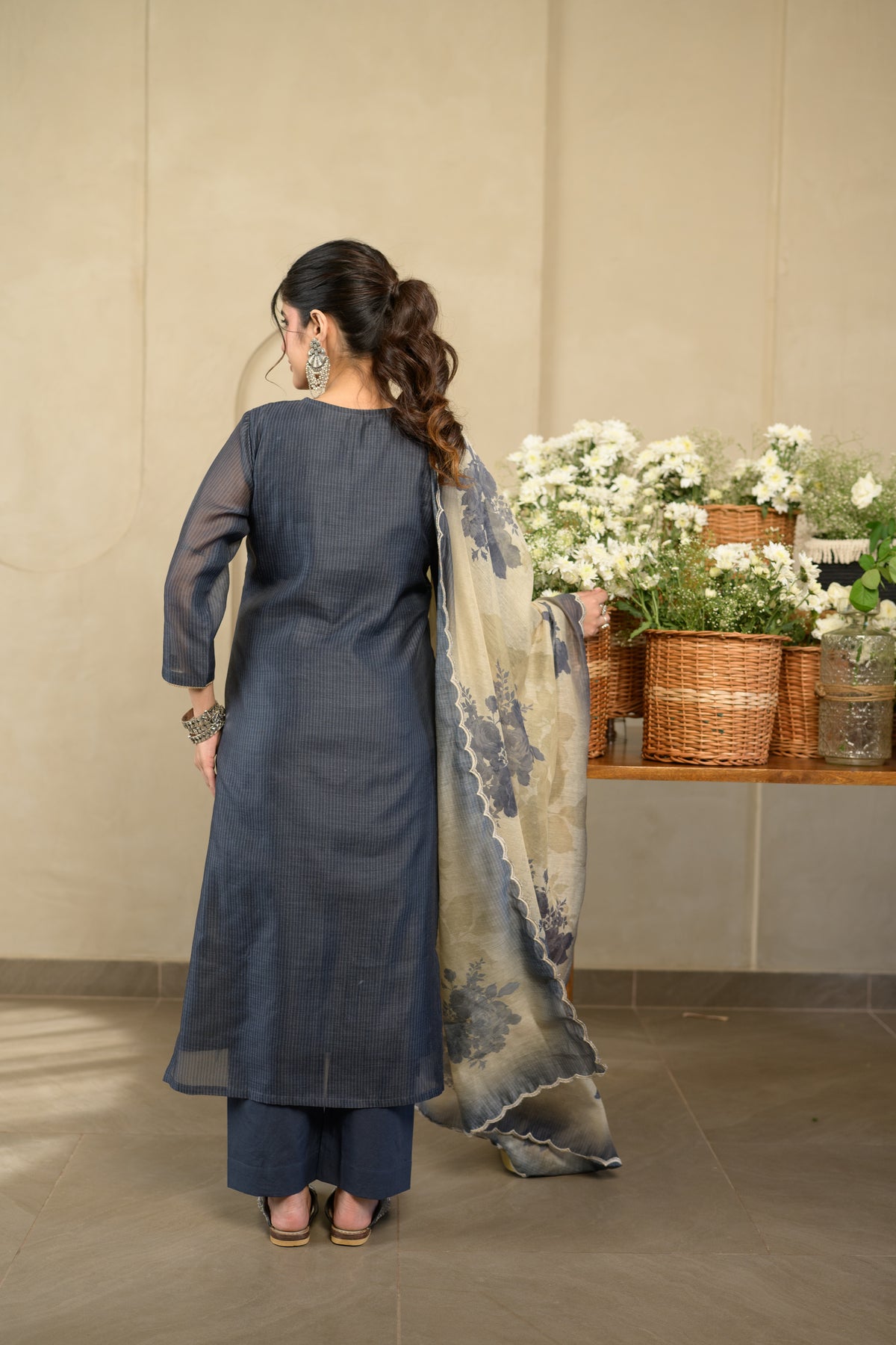 Charcoal black V neck Gota Work Chanderi Suit Set