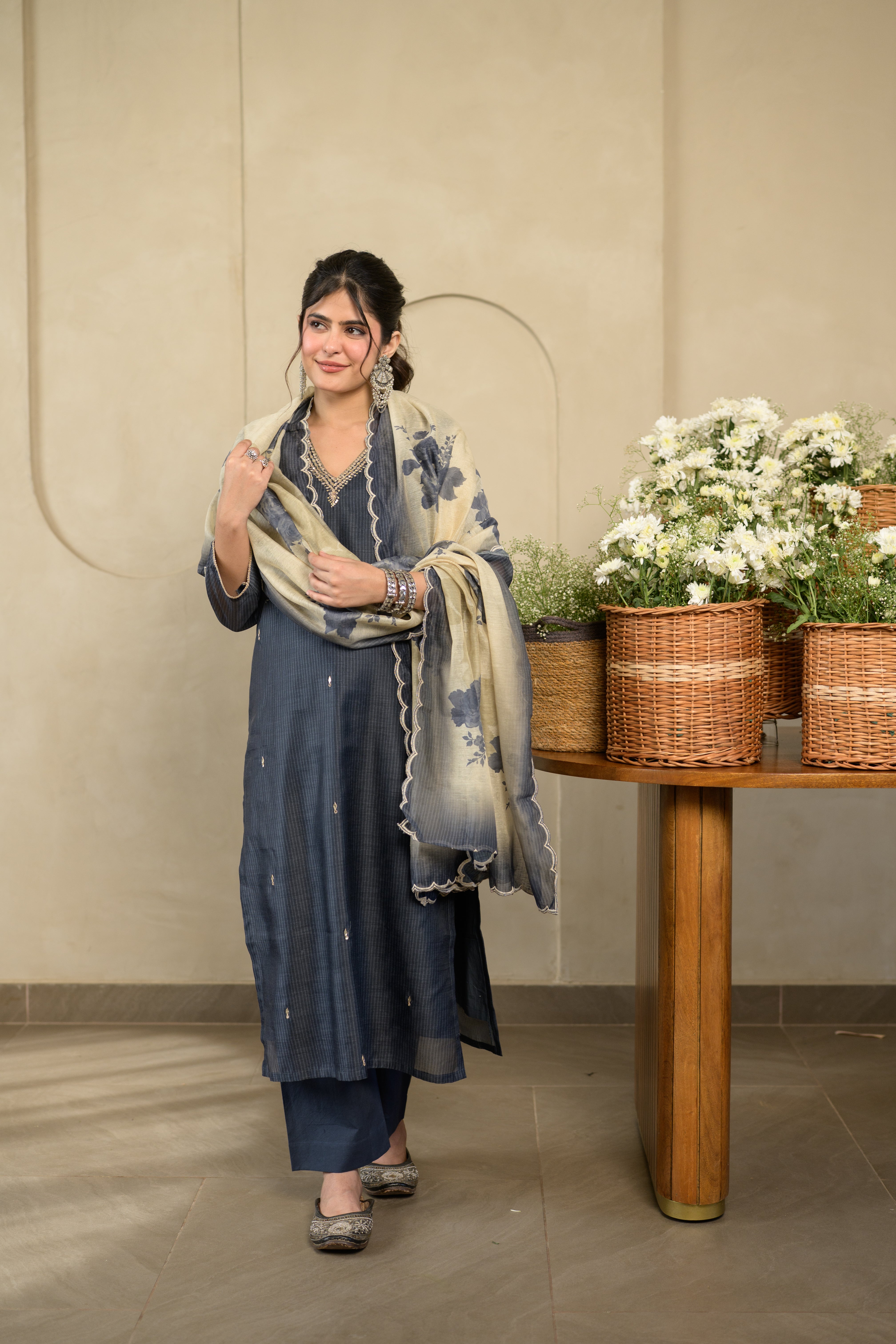 Charcoal black V neck Gota Work Chanderi Suit Set