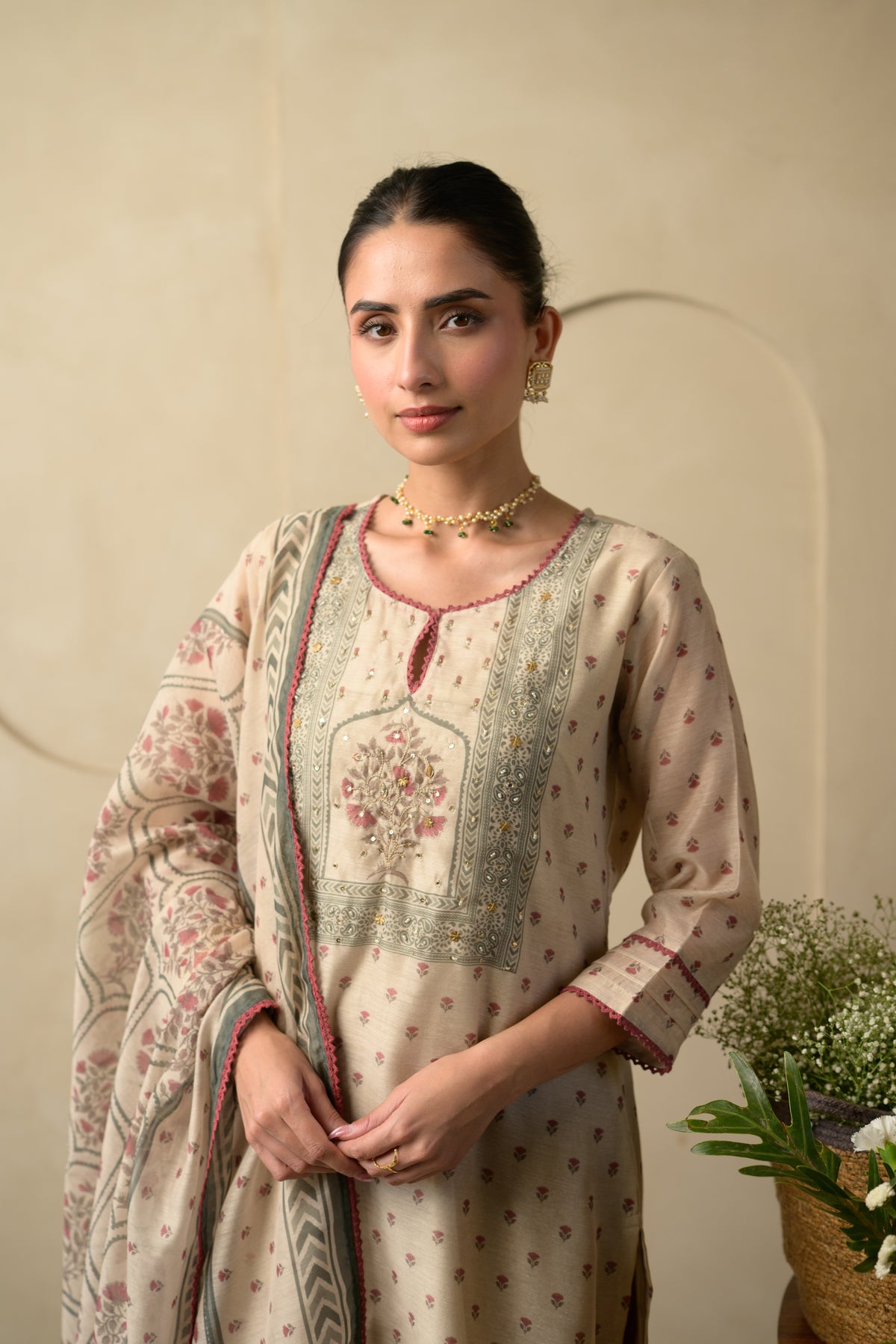 Beige and Maroon Block Print Chanderi Suit Set with Gota and Tari Work