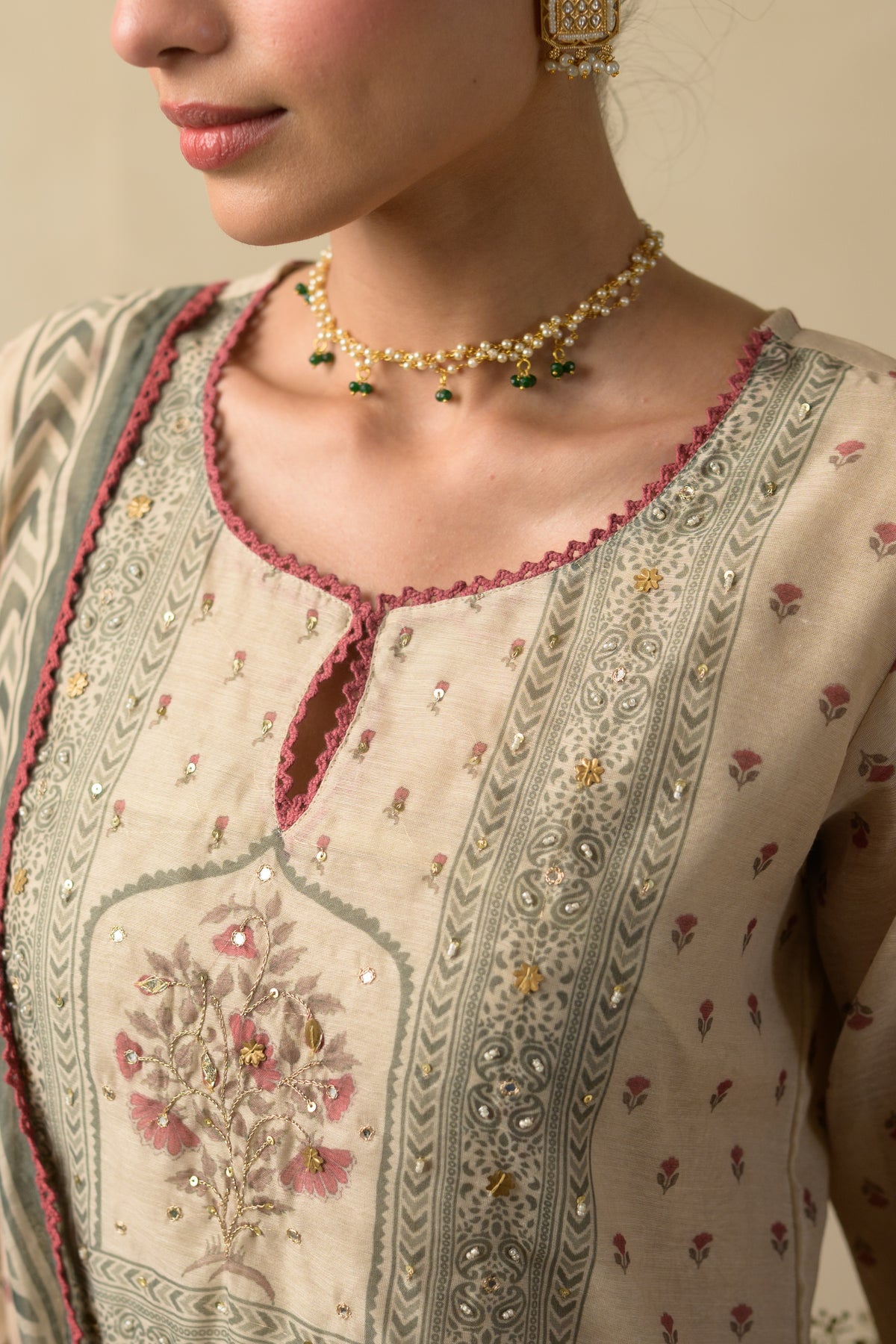 Beige and Maroon Block Print Chanderi Suit Set with Gota and Tari Work