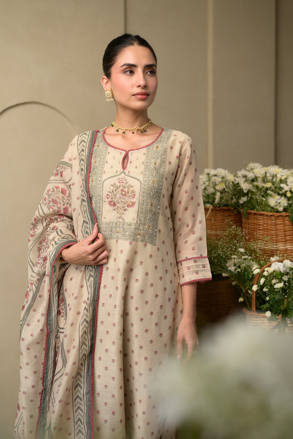Beige and Maroon Block Print Chanderi Suit Set with Gota and Tari Work