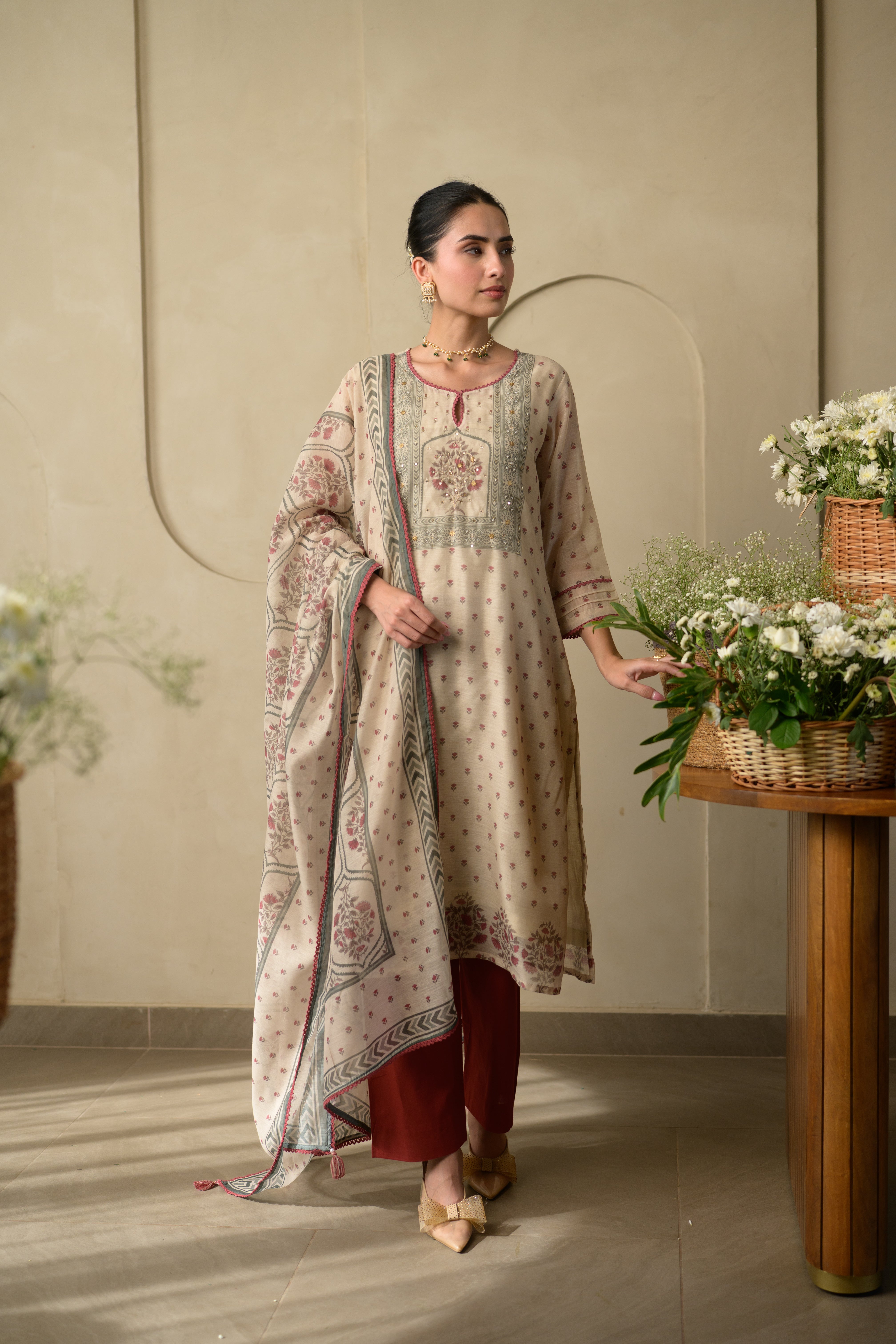 Beige and Maroon Block Print Chanderi Suit Set with Gota and Tari Work