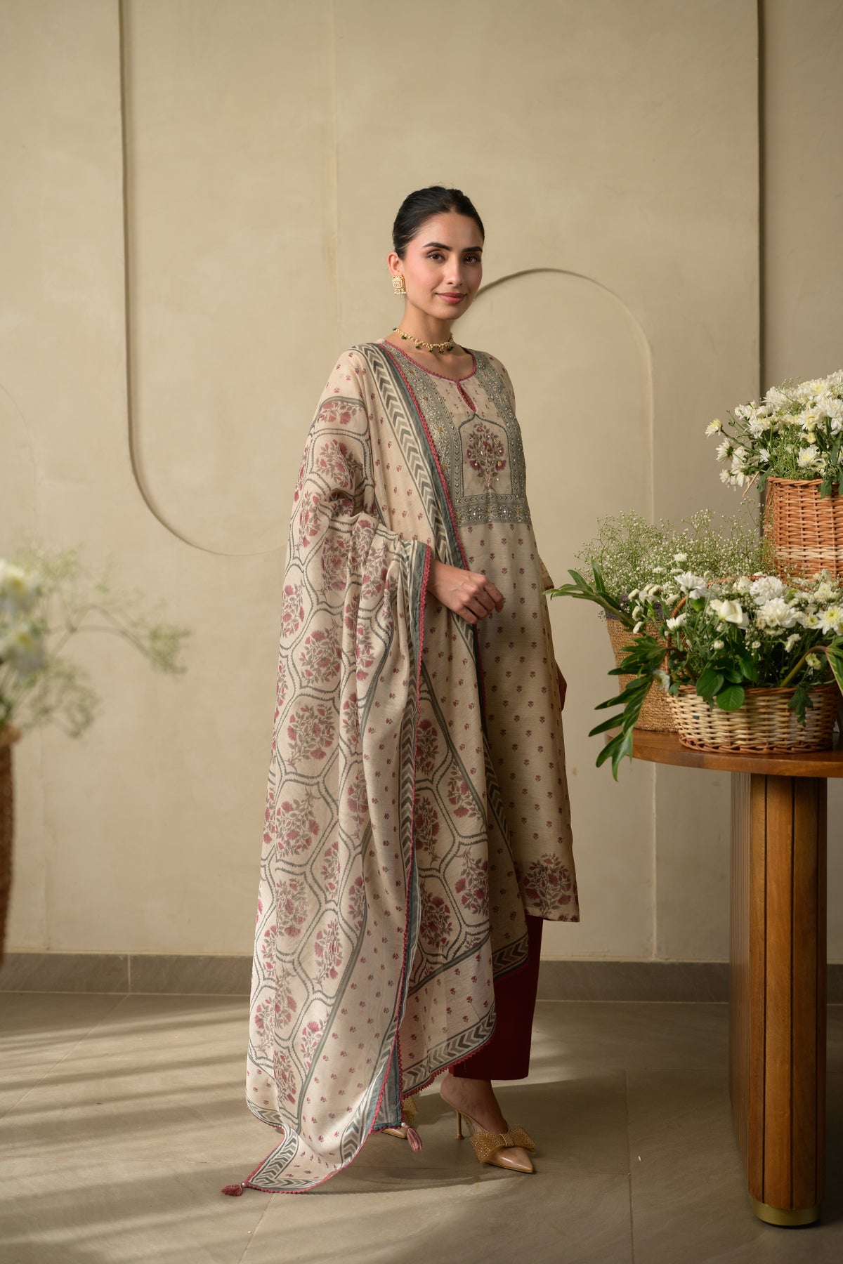 Beige and Maroon Block Print Chanderi Suit Set with Gota and Tari Work