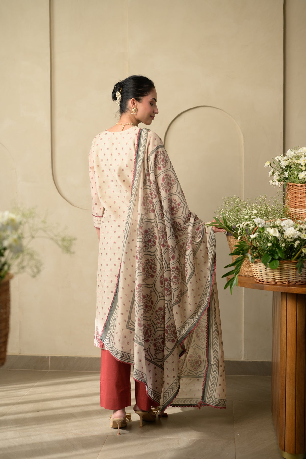 Beige and Maroon Block Print Chanderi Suit Set with Gota and Tari Work