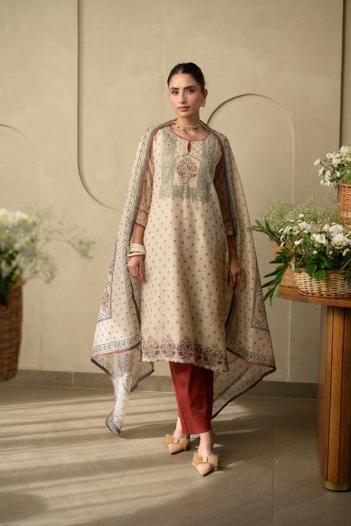 Beige and Maroon Block Print Chanderi Suit Set with Gota and Tari Work