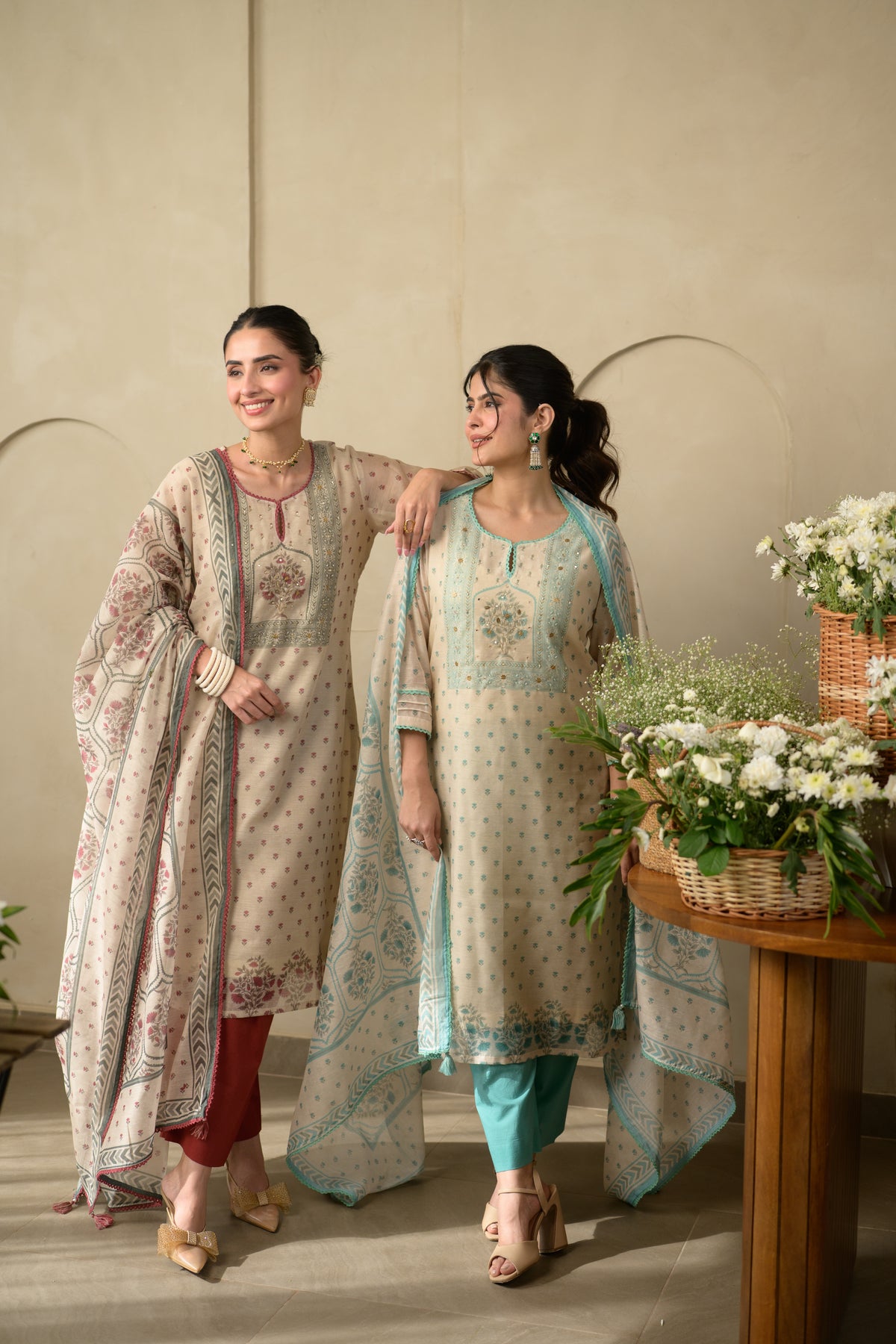 Beige and Maroon Block Print Chanderi Suit Set with Gota and Tari Work