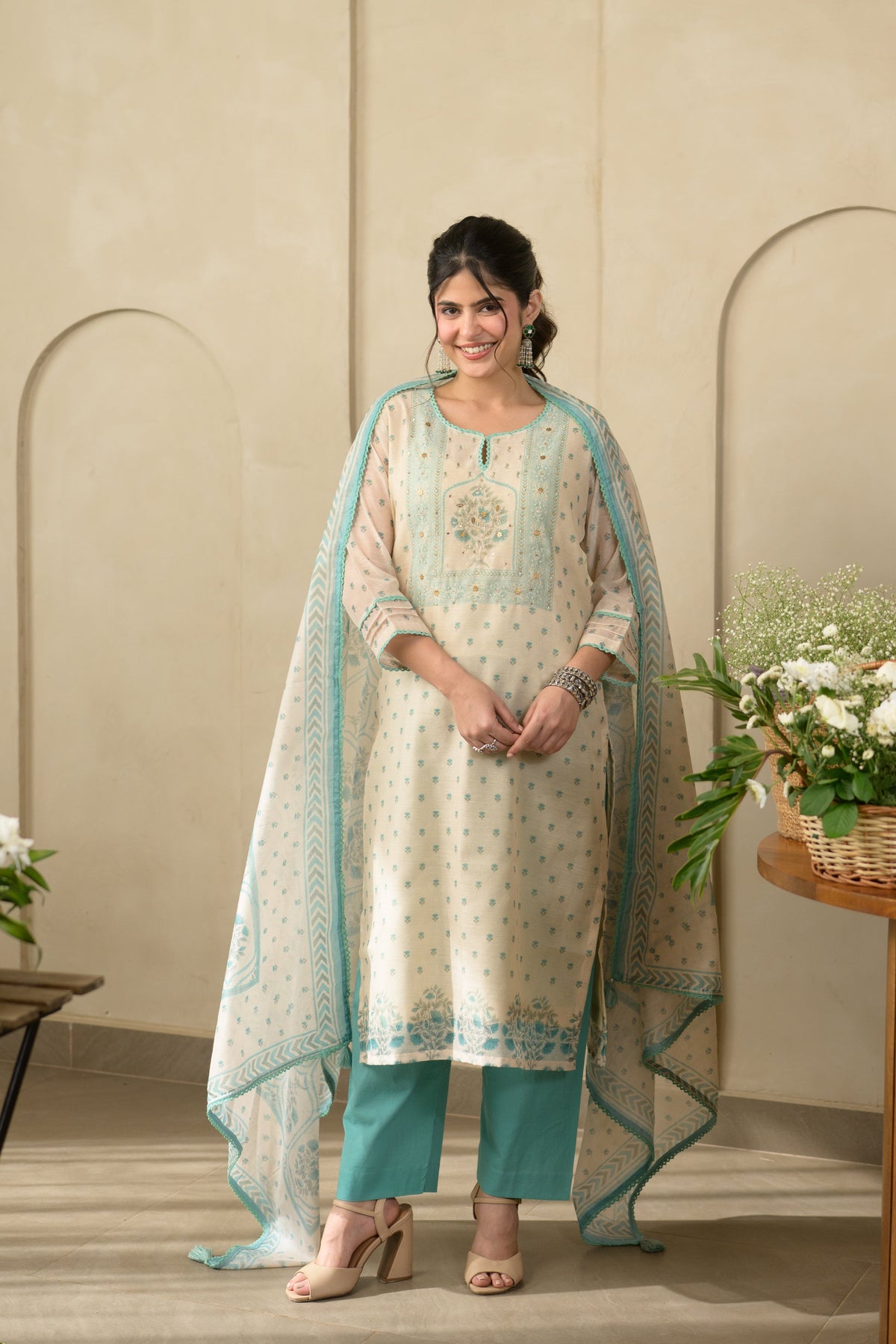 Beige and Sea Green Block Print Chanderi Suit Set with Gota and Tari Work