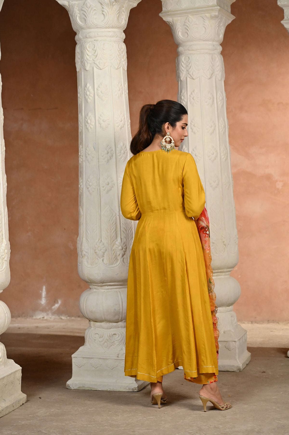 Yellow Zubeidaa Muslin Anarkali Suit Set with Organza Floral Dupatta