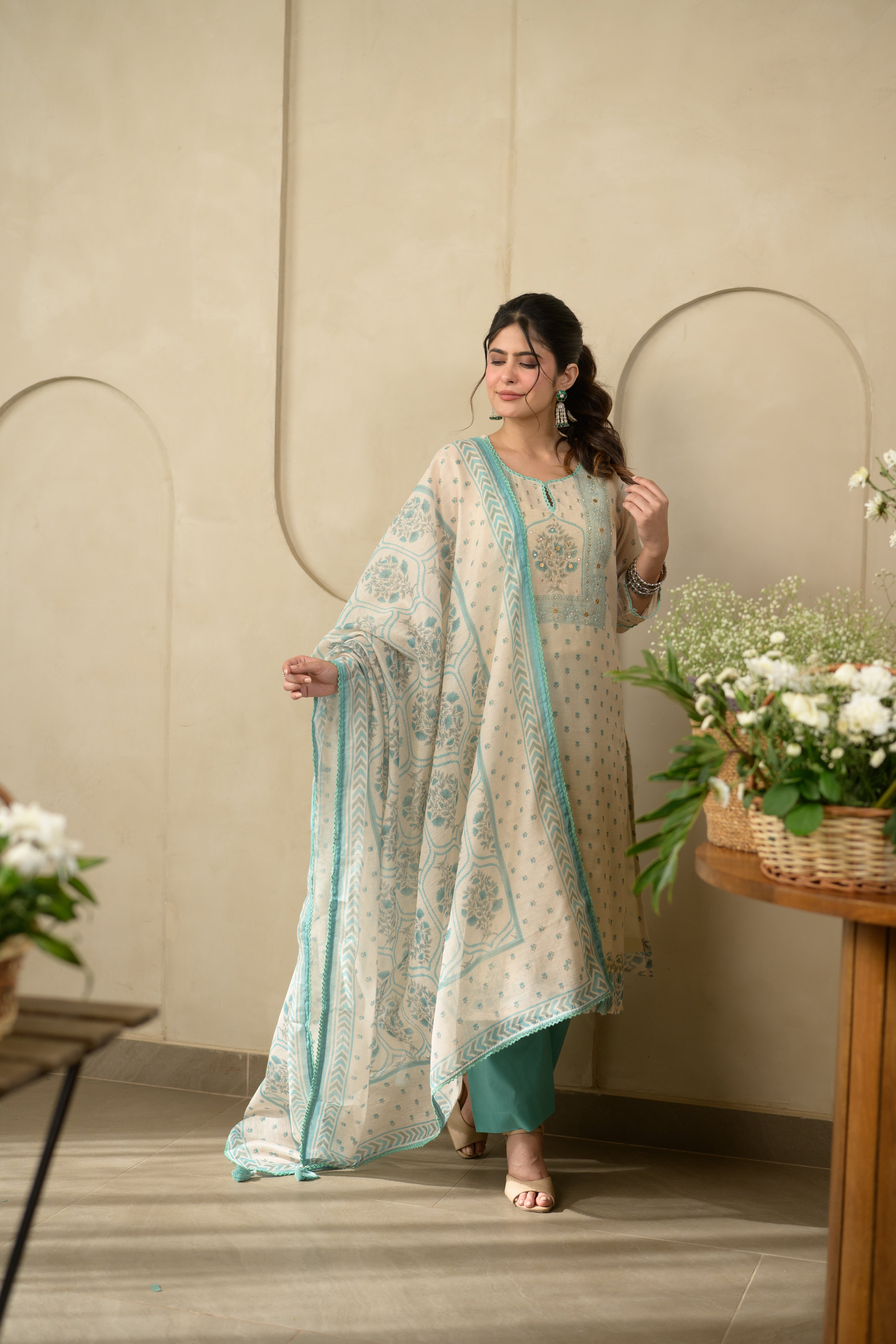 Beige and Sea Green Block Print Chanderi Suit Set with Gota and Tari Work