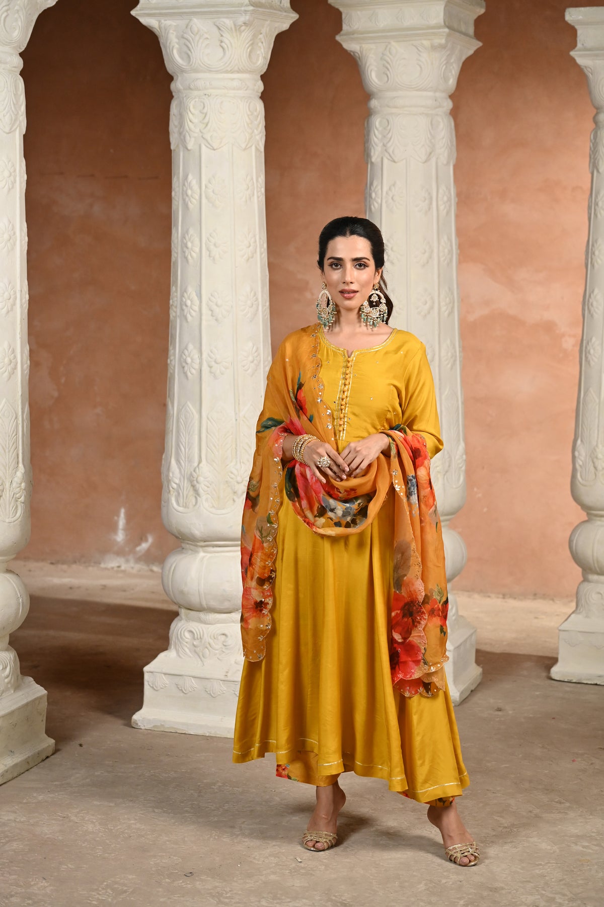 Yellow Zubeidaa Muslin Anarkali Suit Set with Organza Floral Dupatta