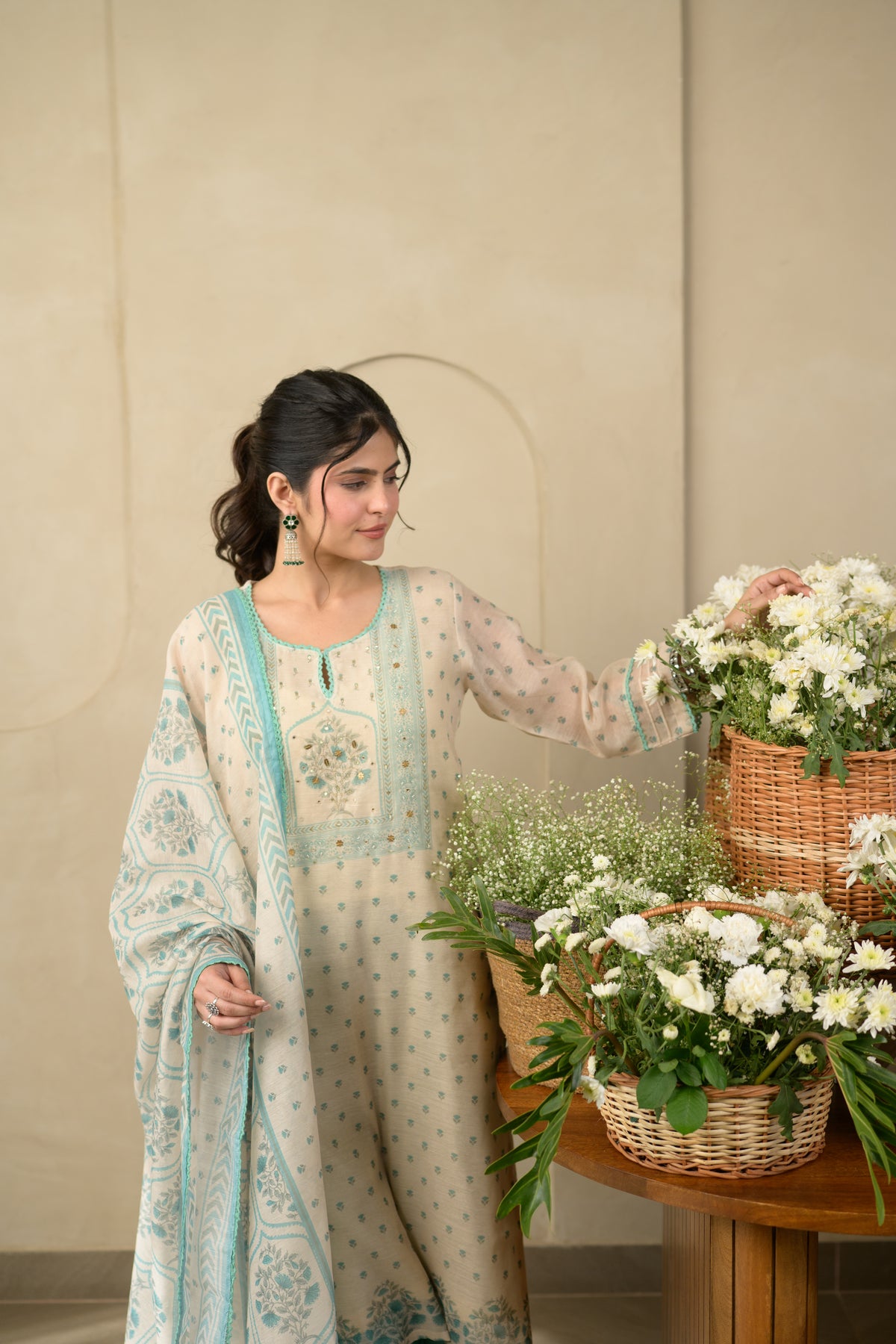 Beige and Sea Green Block Print Chanderi Suit Set with Gota and Tari Work