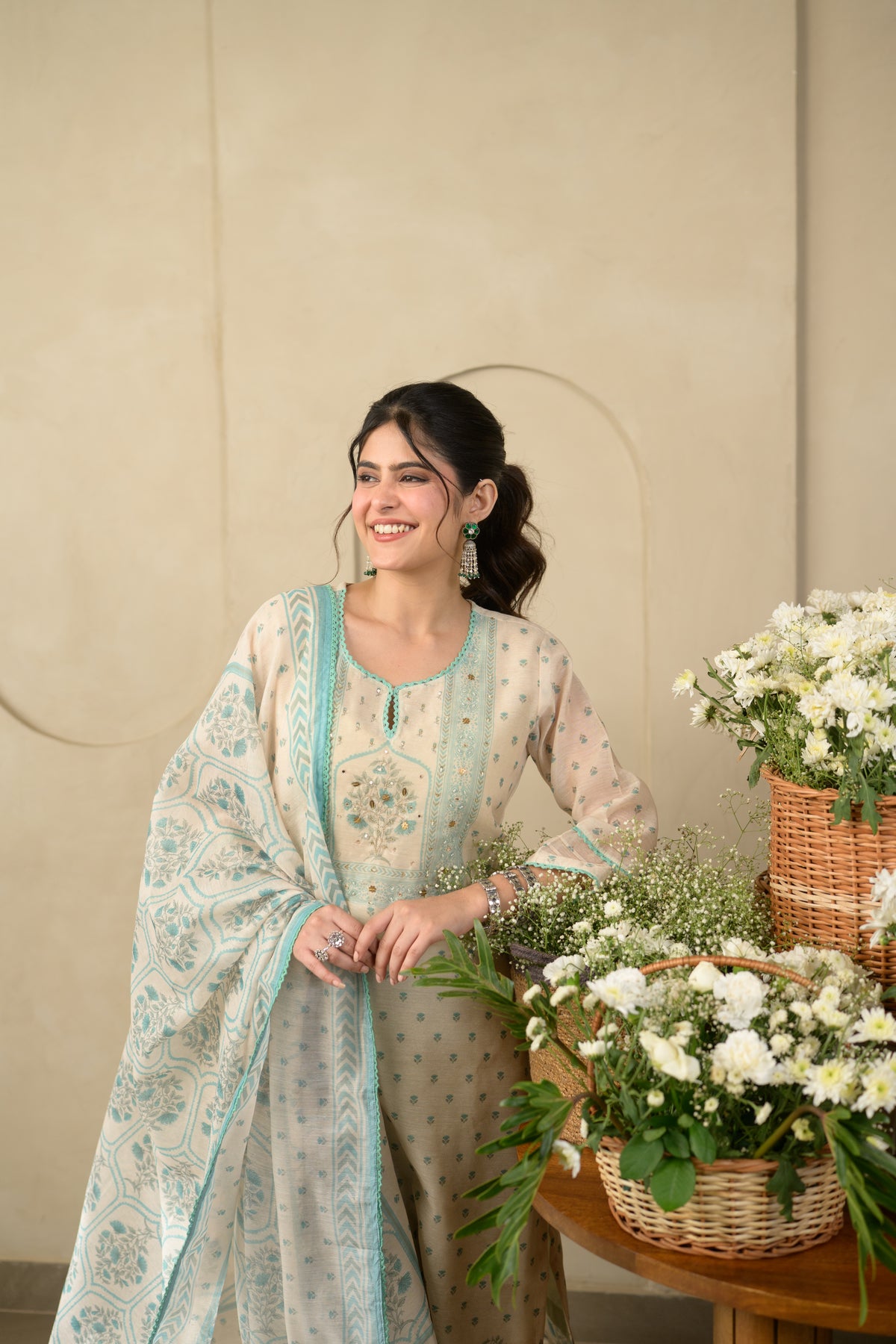 Beige and Sea Green Block Print Chanderi Suit Set with Gota and Tari Work