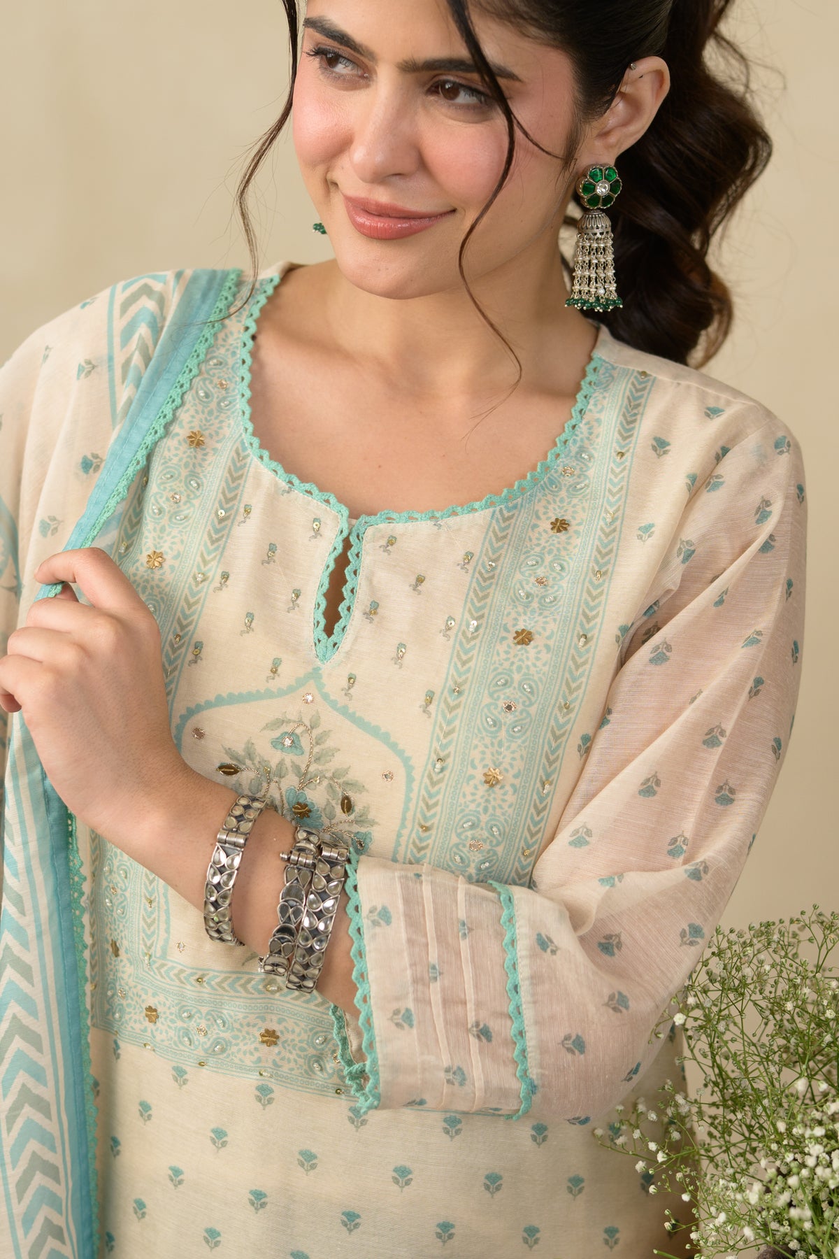 Beige and Sea Green Block Print Chanderi Suit Set with Gota and Tari Work