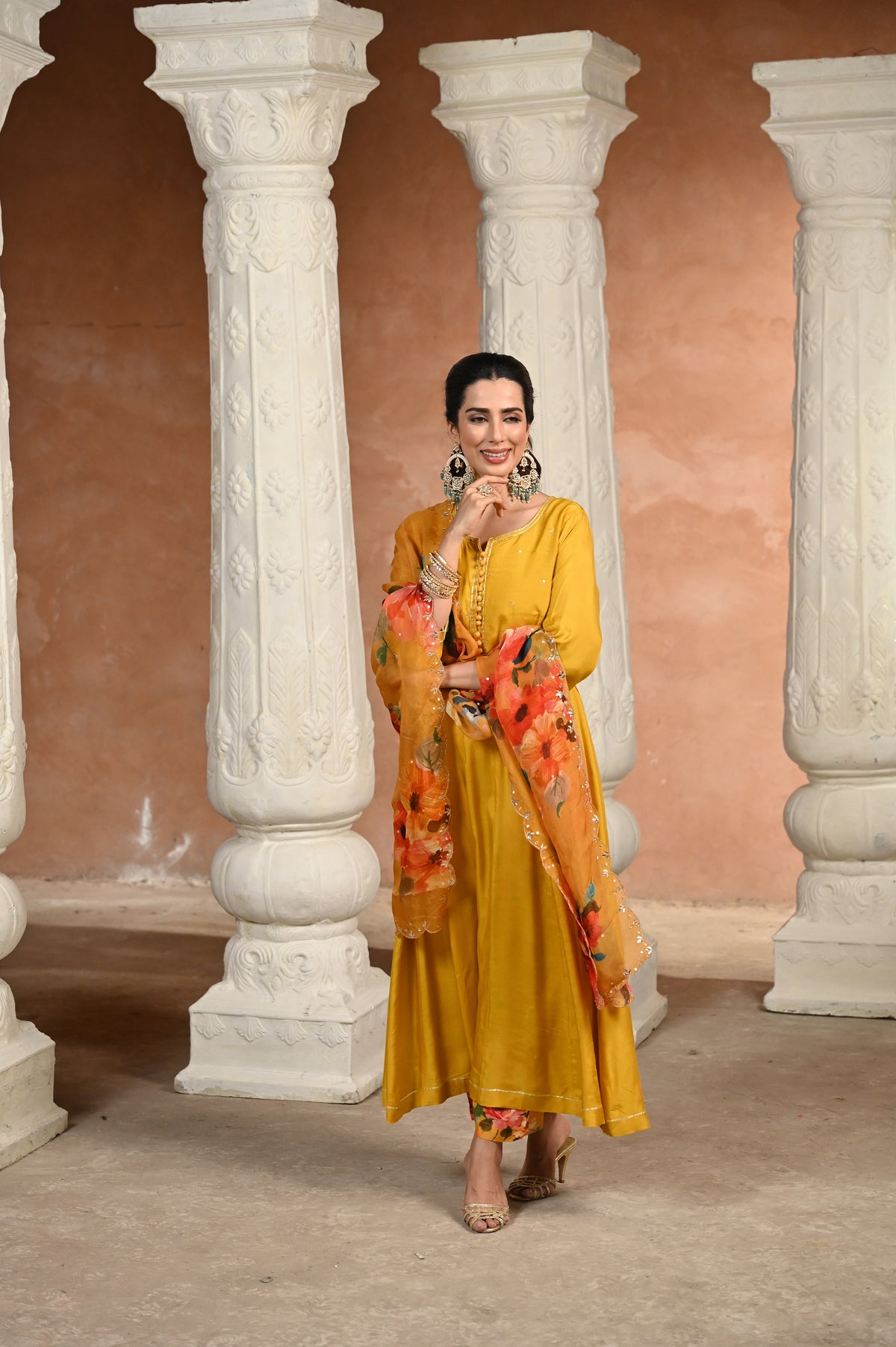 Yellow Zubeidaa Muslin Anarkali Suit Set with Organza Floral Dupatta
