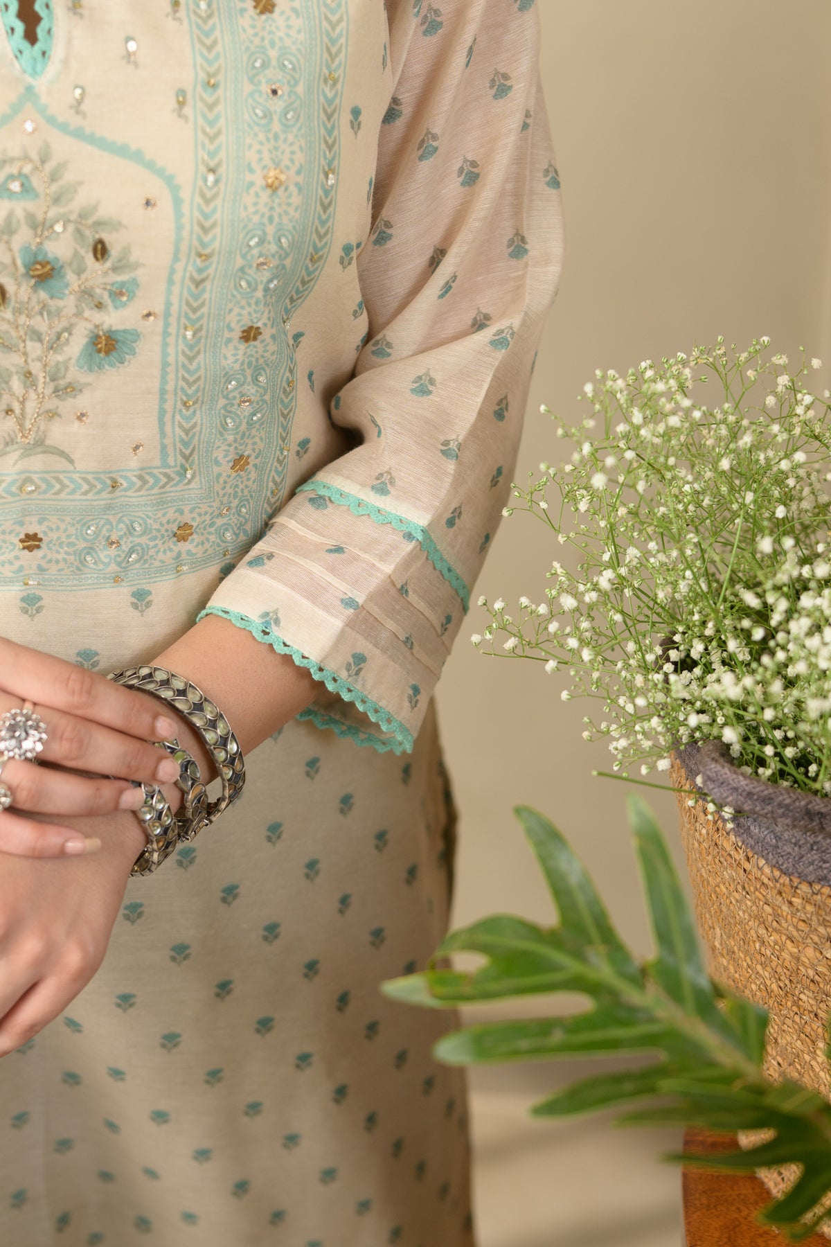 Beige and Sea Green Block Print Chanderi Suit Set with Gota and Tari Work