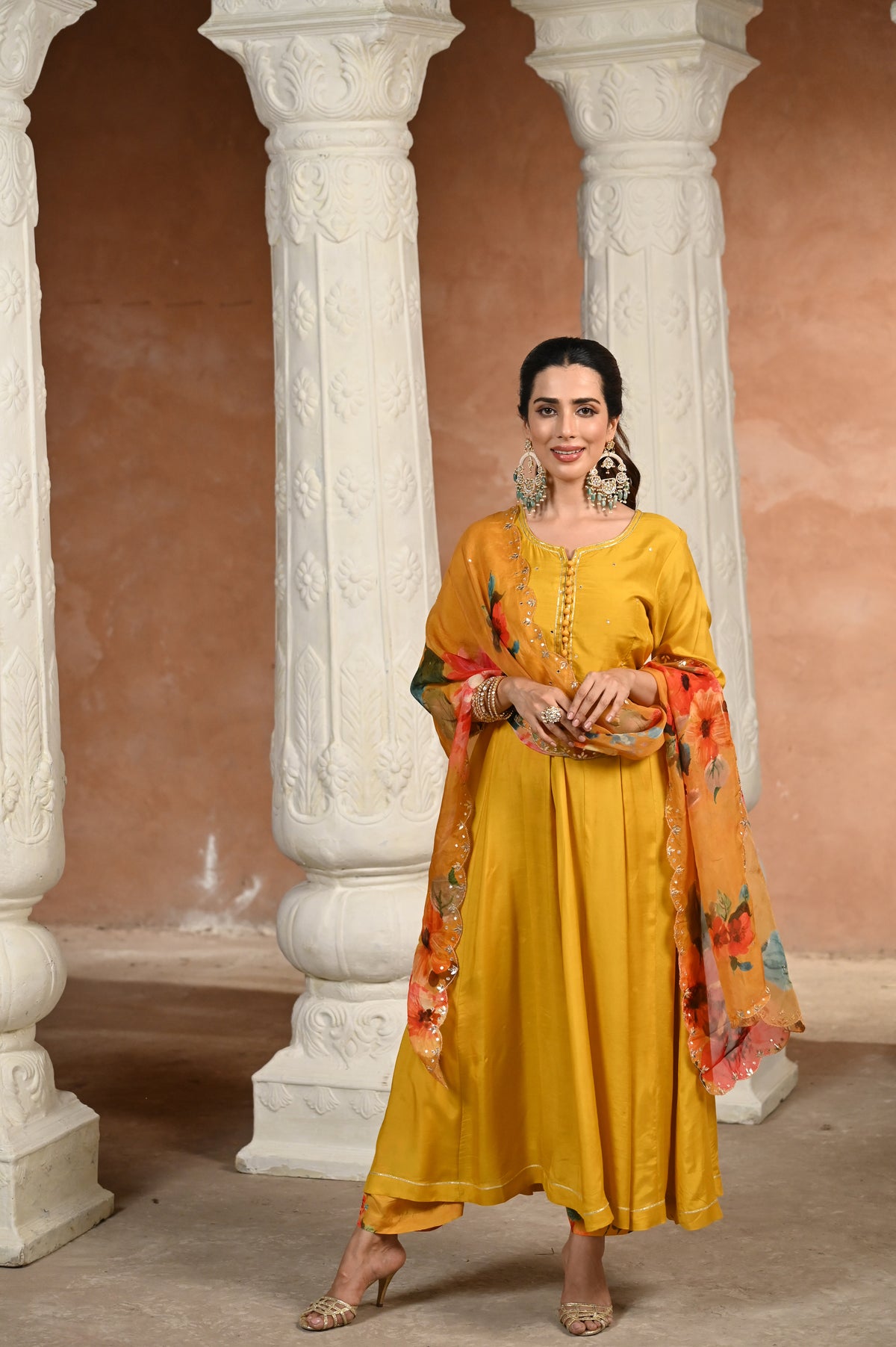 Yellow Zubeidaa Muslin Anarkali Suit Set with Organza Floral Dupatta