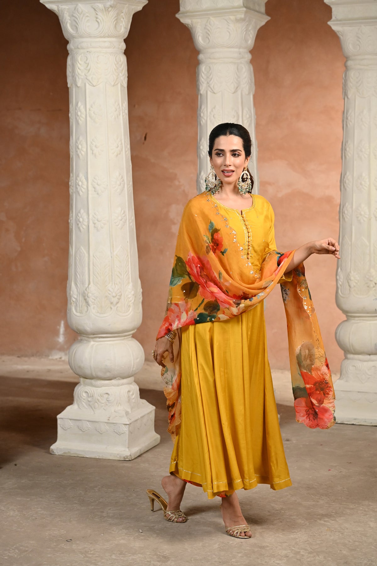 Yellow Zubeidaa Muslin Anarkali Suit Set with Organza Floral Dupatta
