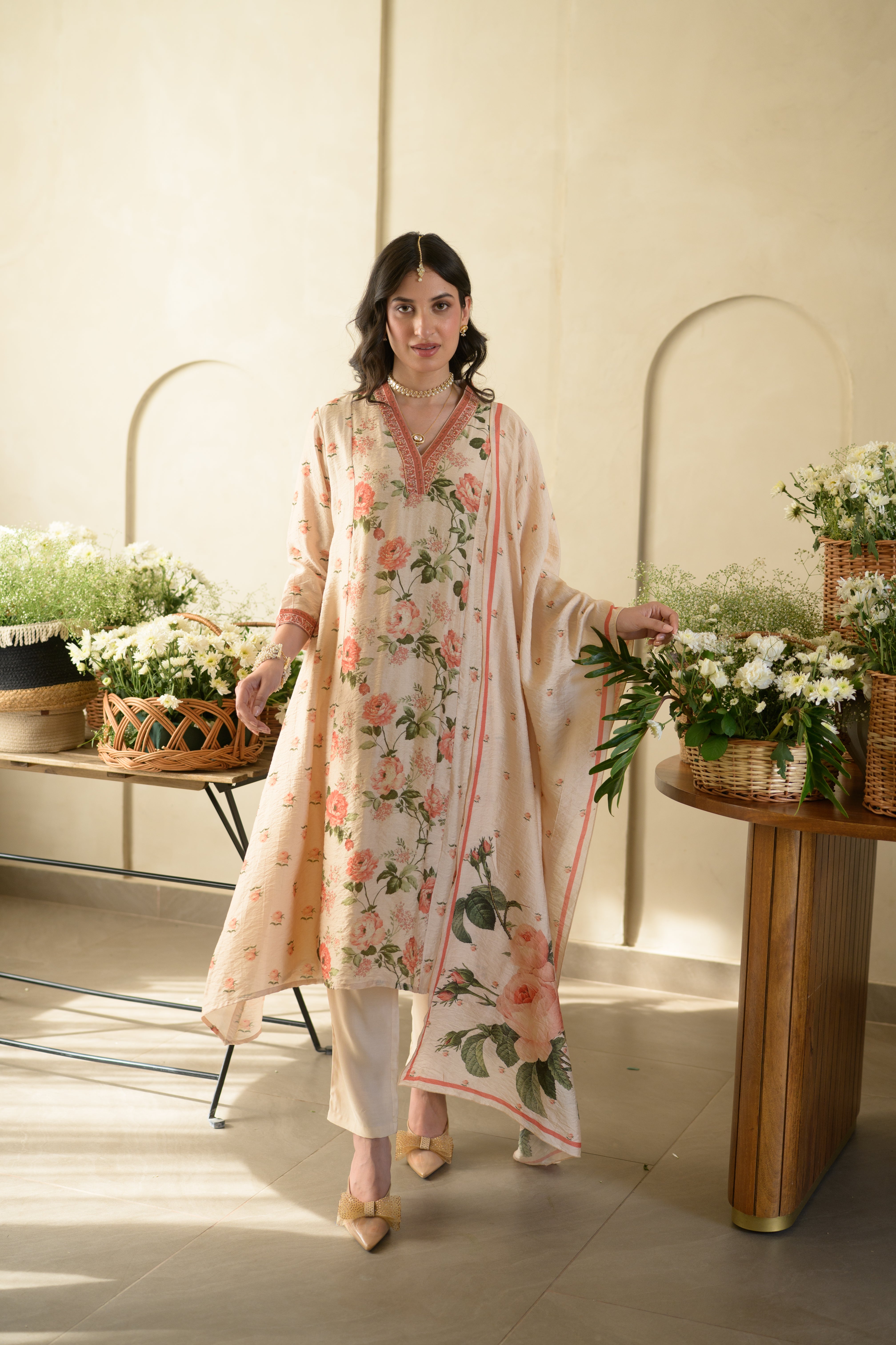 Noorjahan A-Line Wrinkled Mul Chanderi Suit Set