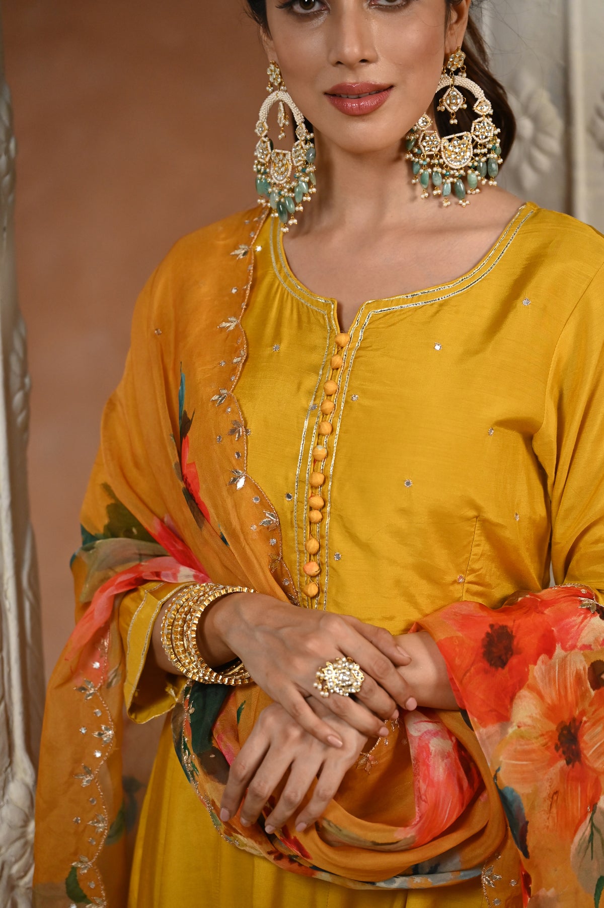 Yellow Zubeidaa Muslin Anarkali Suit Set with Organza Floral Dupatta