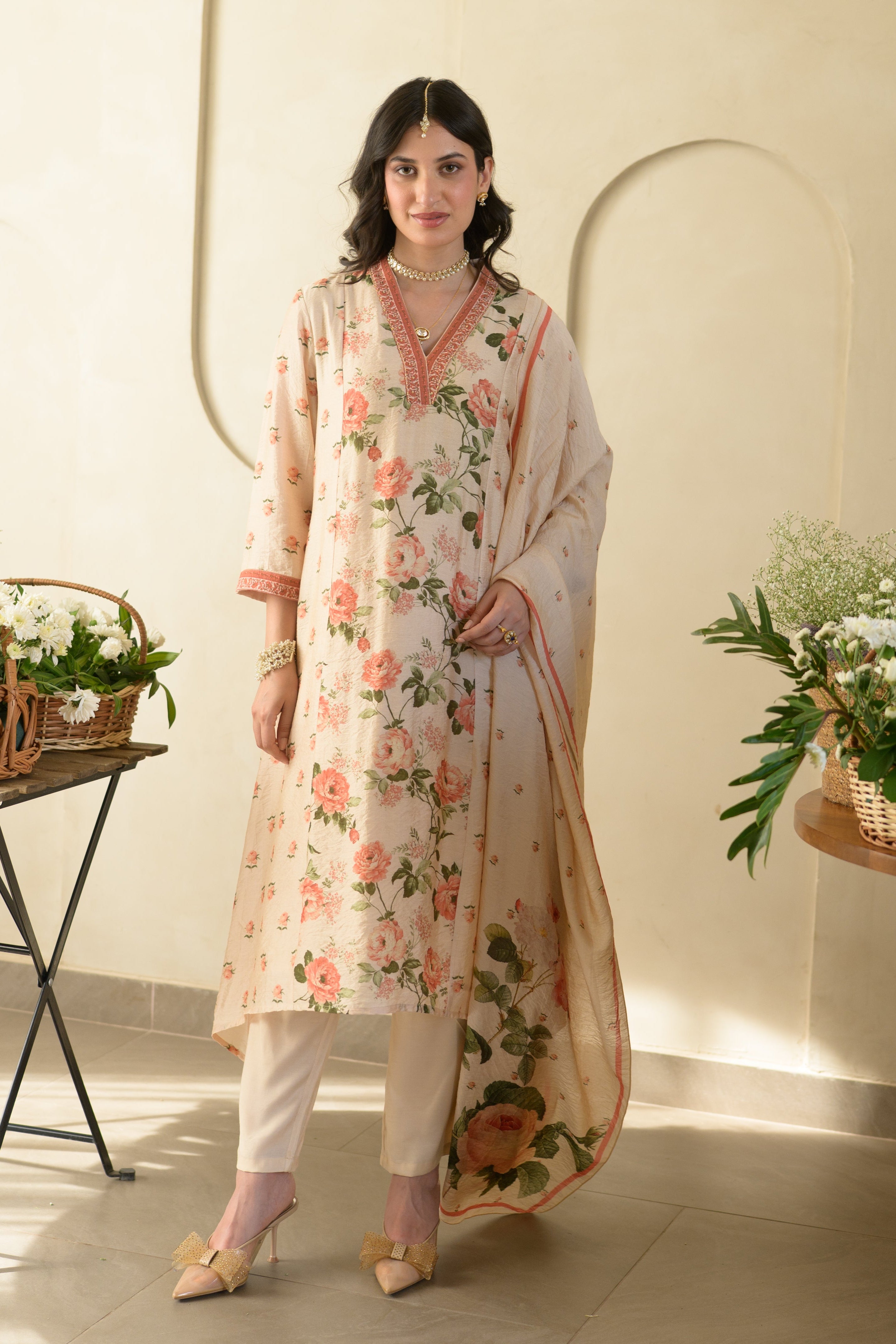Noorjahan A-Line Wrinkled Mul Chanderi Suit Set