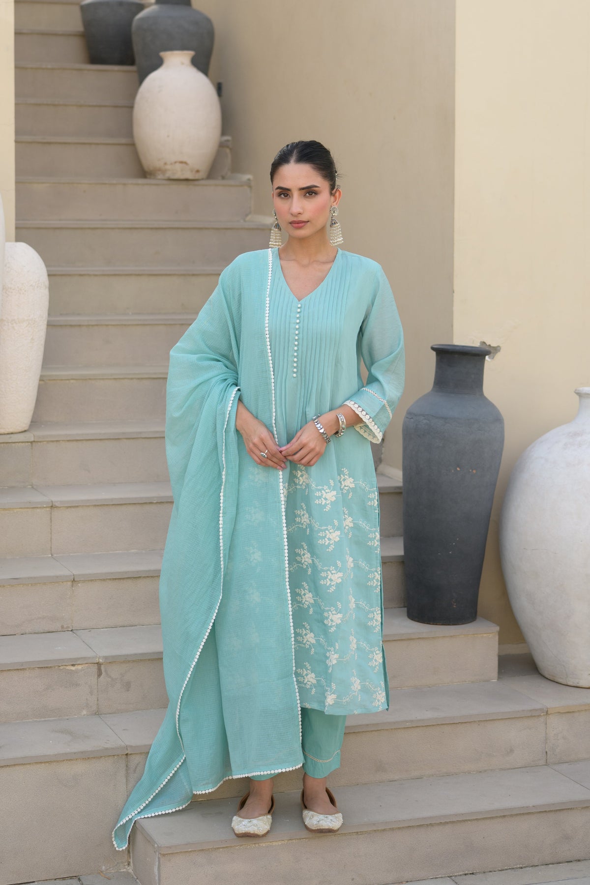 Aqua Blue Mul Chanderi Suit Set with Kota Doriya Dupatta