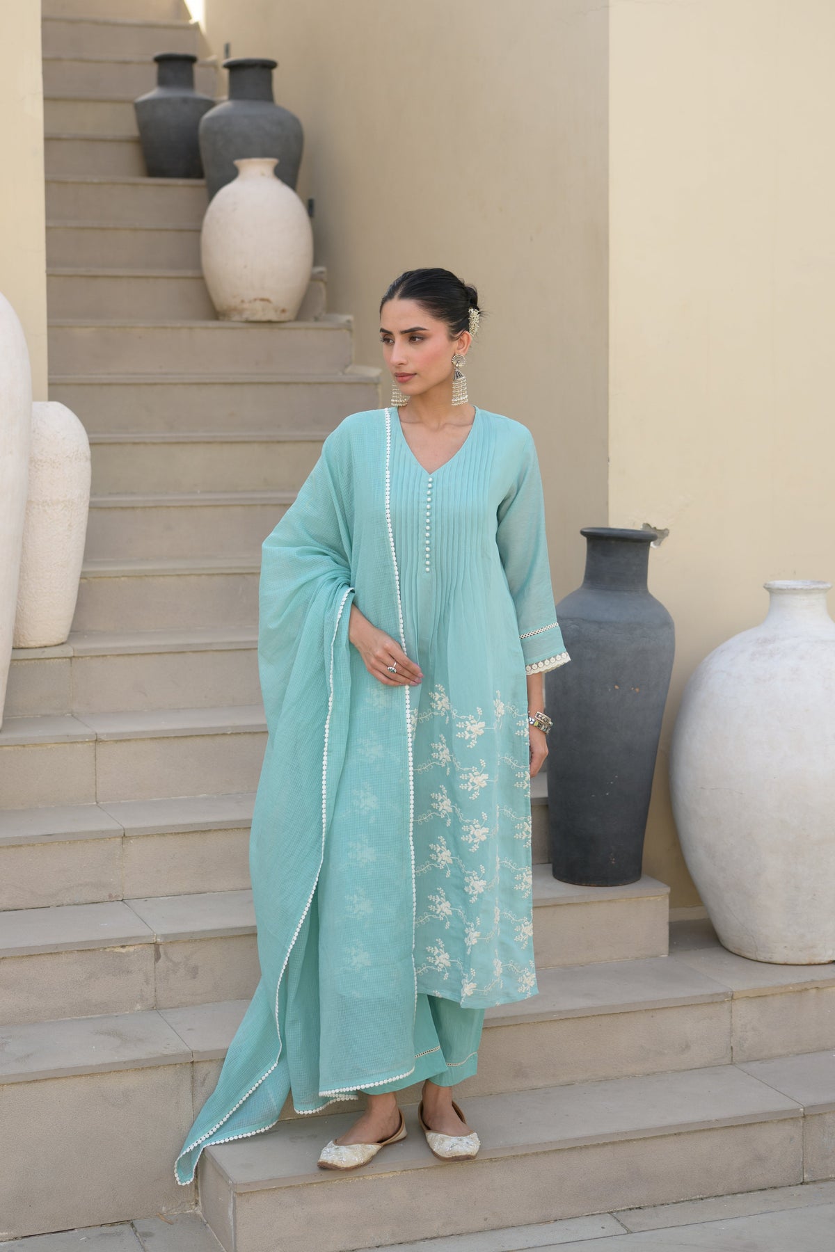 Aqua Blue Mul Chanderi Suit Set with Kota Doriya Dupatta