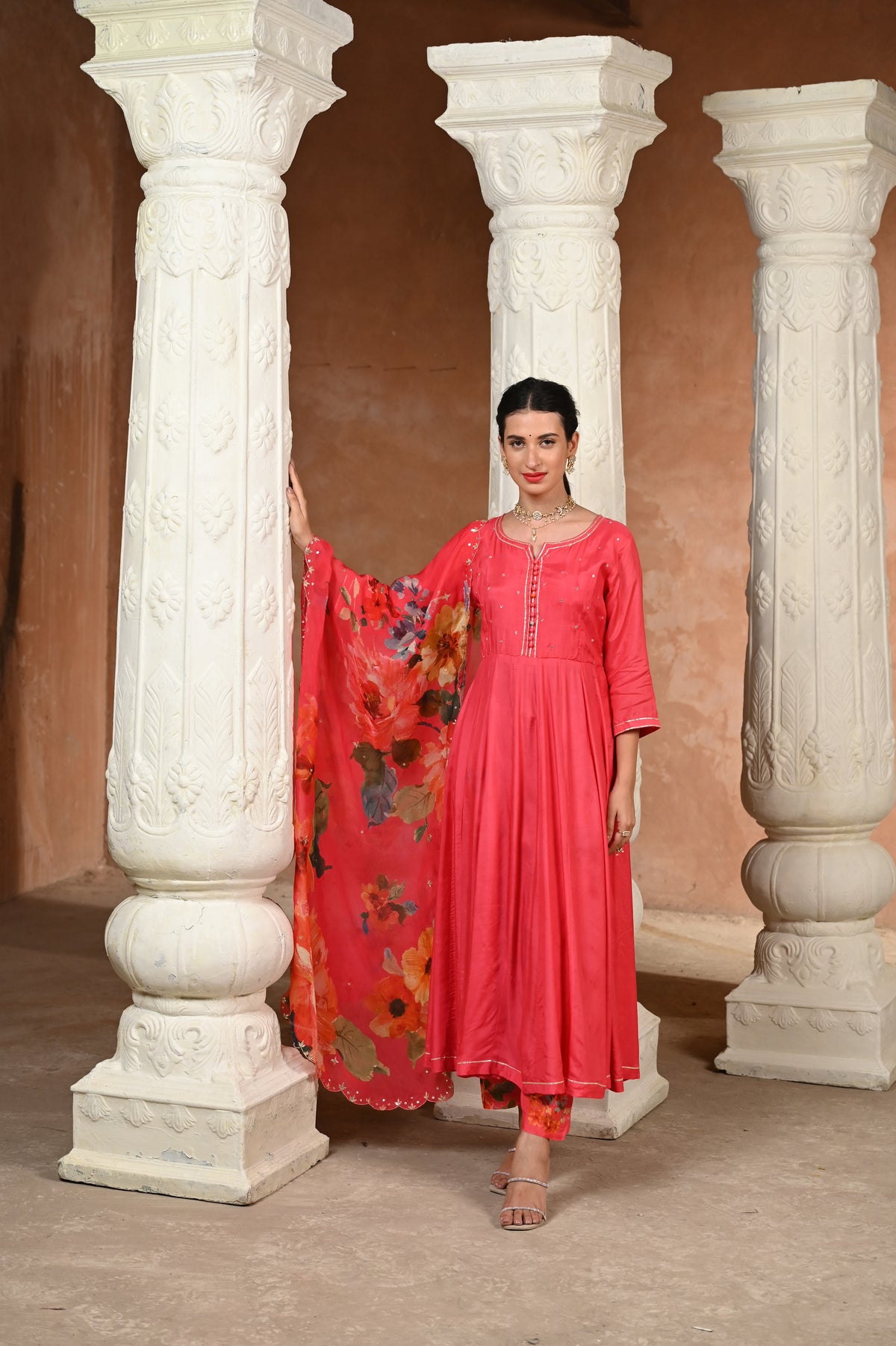 Pink Zubeidaa Muslin Anarkali Suit Set with Organza Floral Dupatta