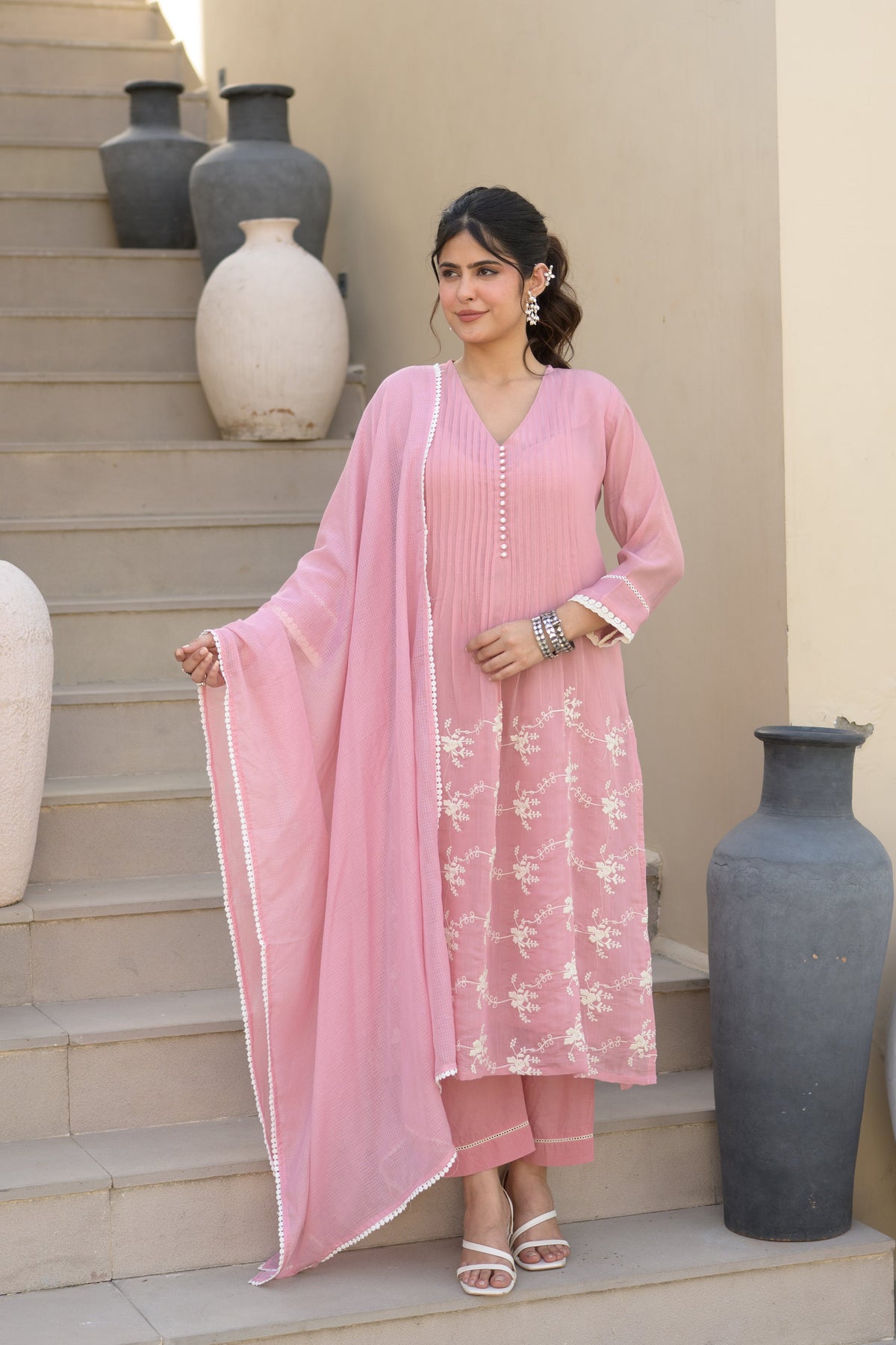 Pink Mul Chanderi Suit Set with Kota Doriya Dupatta